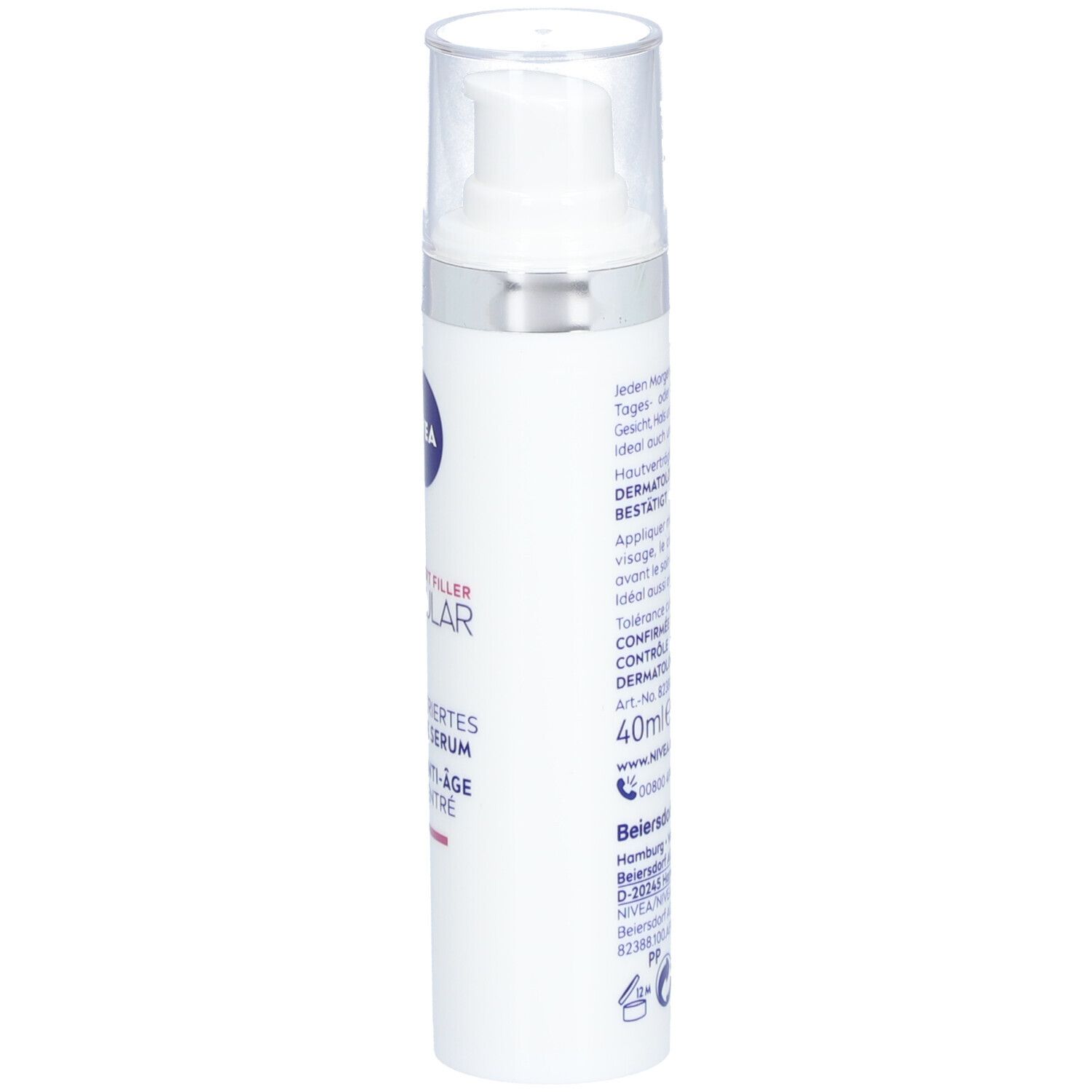 Weiße Flasche mit Pumpe und durchsichtigem Deckel. Aufdrucke mit Produktinformationen. NIVEA-Logo und CELLULAR-Bezeichnung.