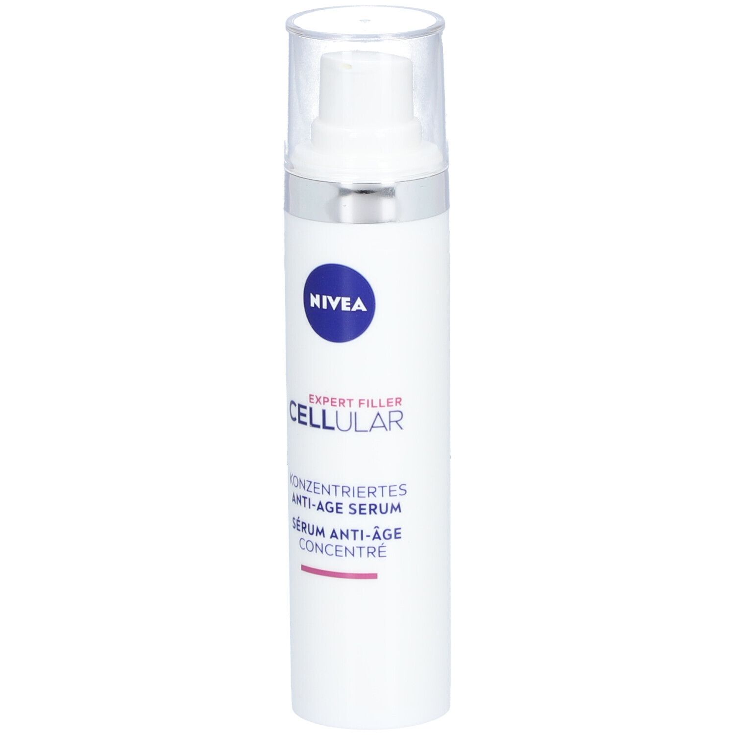 Weiße Flasche mit Pumpe und durchsichtigem Deckel. Blauer Aufkleber mit NIVEA-Logo. Text: EXPERT FILLER CELLULAR.