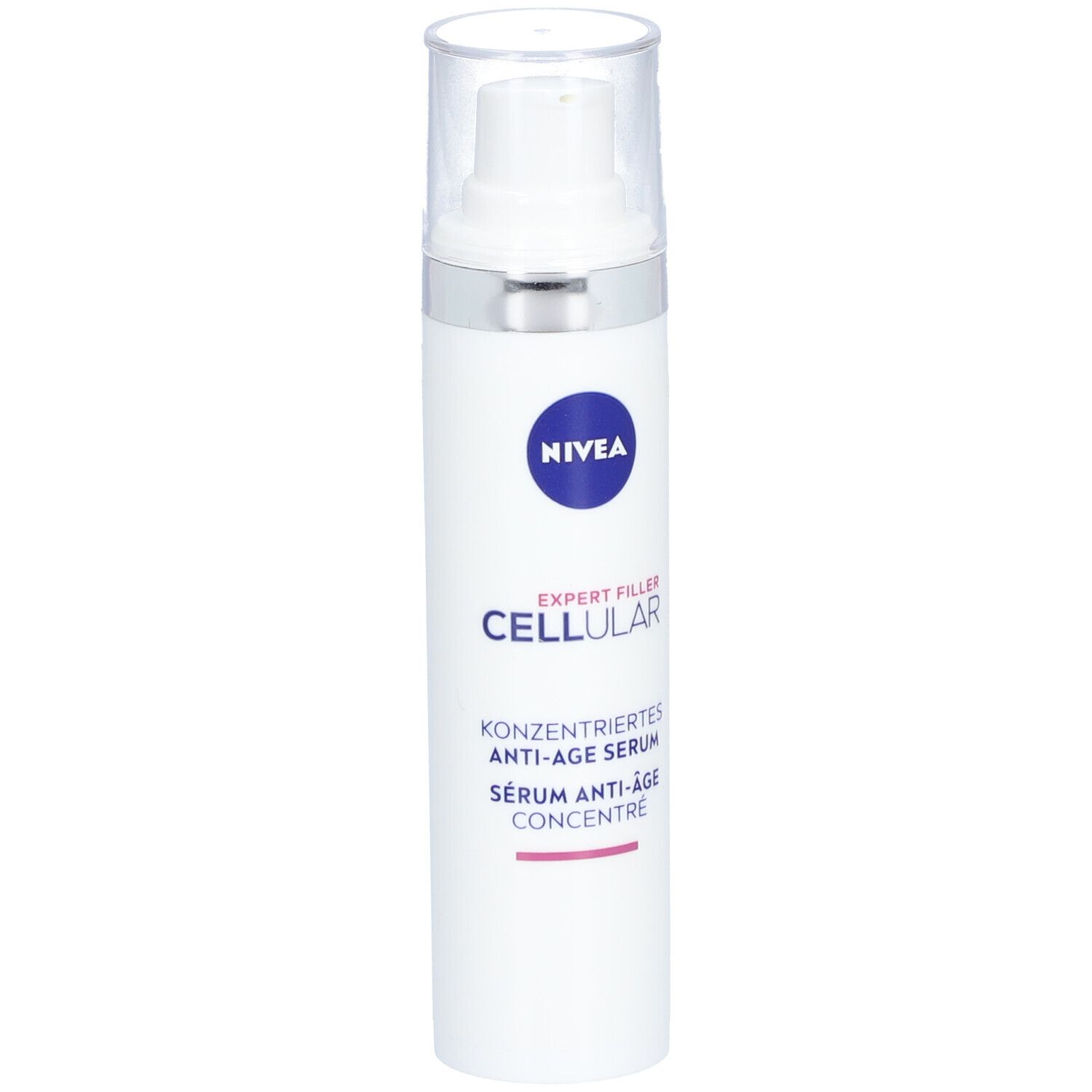 Weiße Flasche mit Pumpe und durchsichtigem Deckel. Blauer Aufkleber mit NIVEA-Logo. Text: EXPERT FILLER CELLULAR.