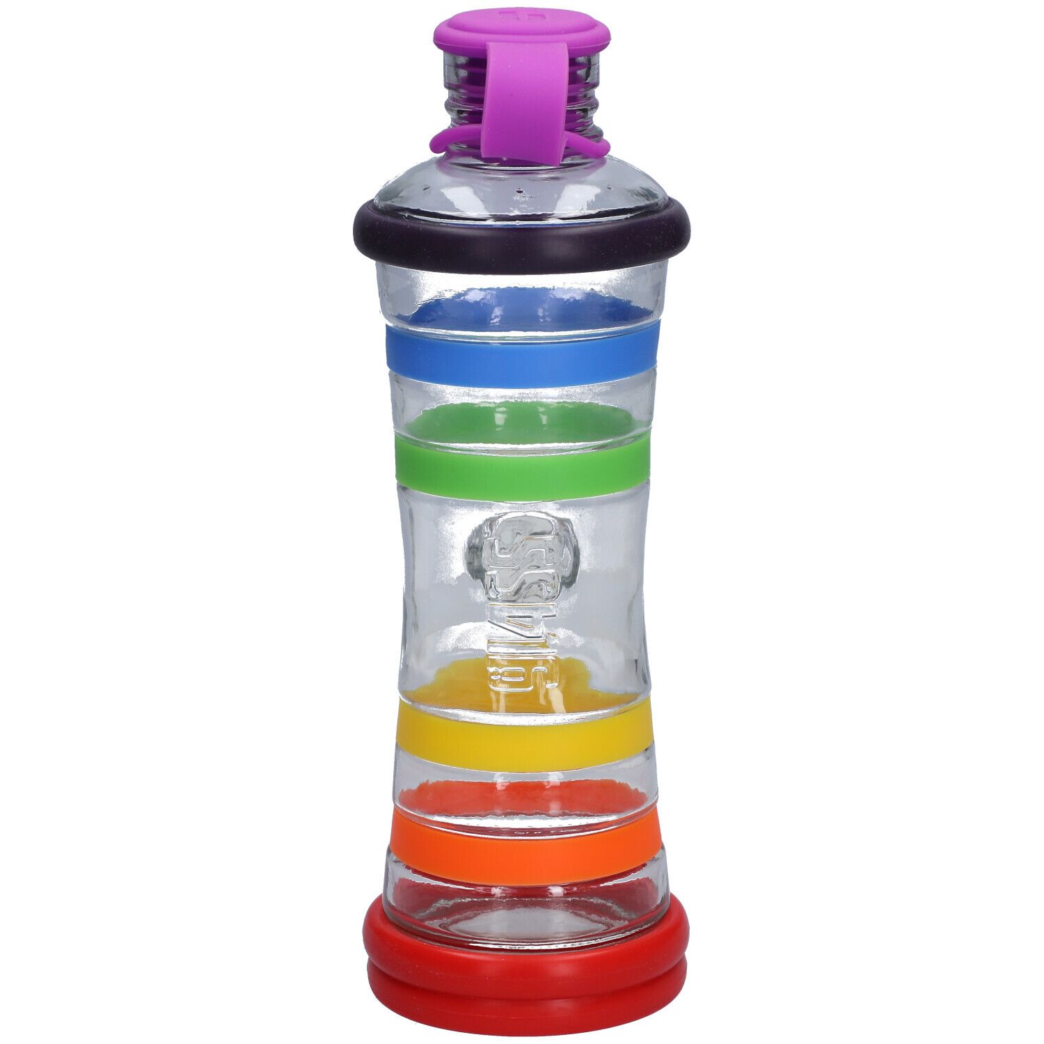 Bouteille en verre avec anneaux colorés. Base rouge, anneaux orange, jaune, vert, bleu et noir. Bouchon violet.