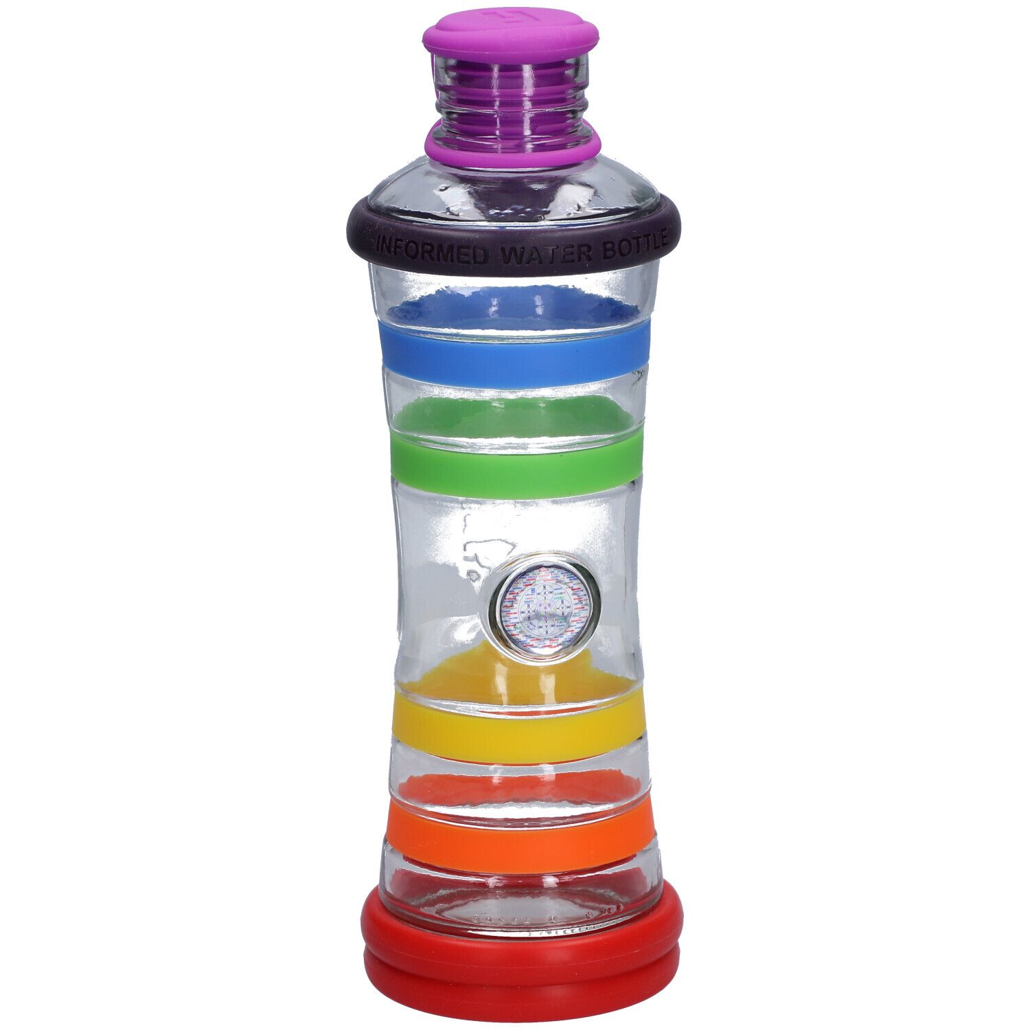 Bouteille en verre avec anneaux colorés. Base rouge, anneaux orange, jaune, vert, bleu et noir. Bouchon violet. Inscription: 'INFORMED WATER BOTTLE'.