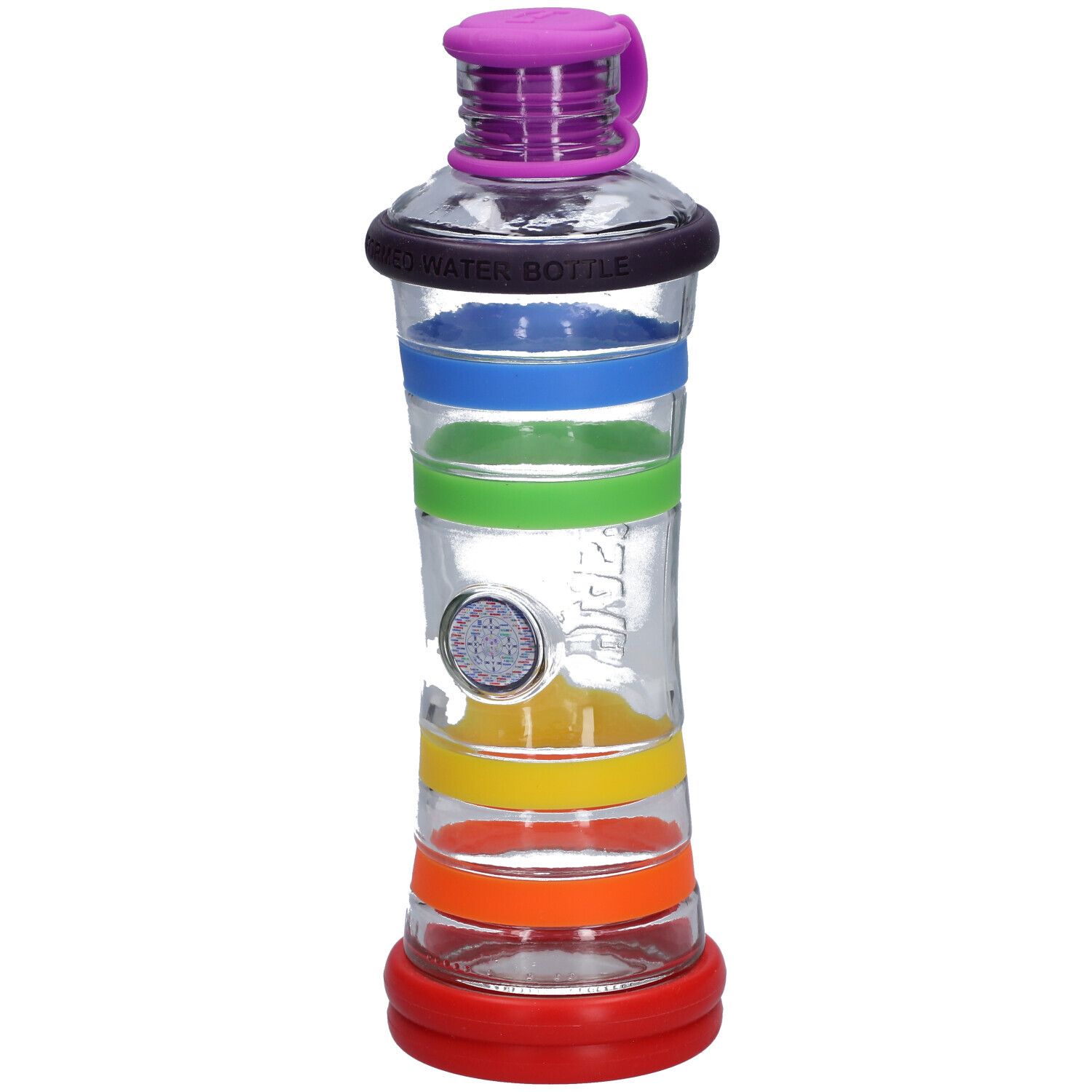 Bouteille en verre avec anneaux colorés. Base rouge, anneaux orange, jaune, vert, bleu et noir. Bouchon violet avec boucle. Inscription: 'INFORMED WATER BOTTLE'.