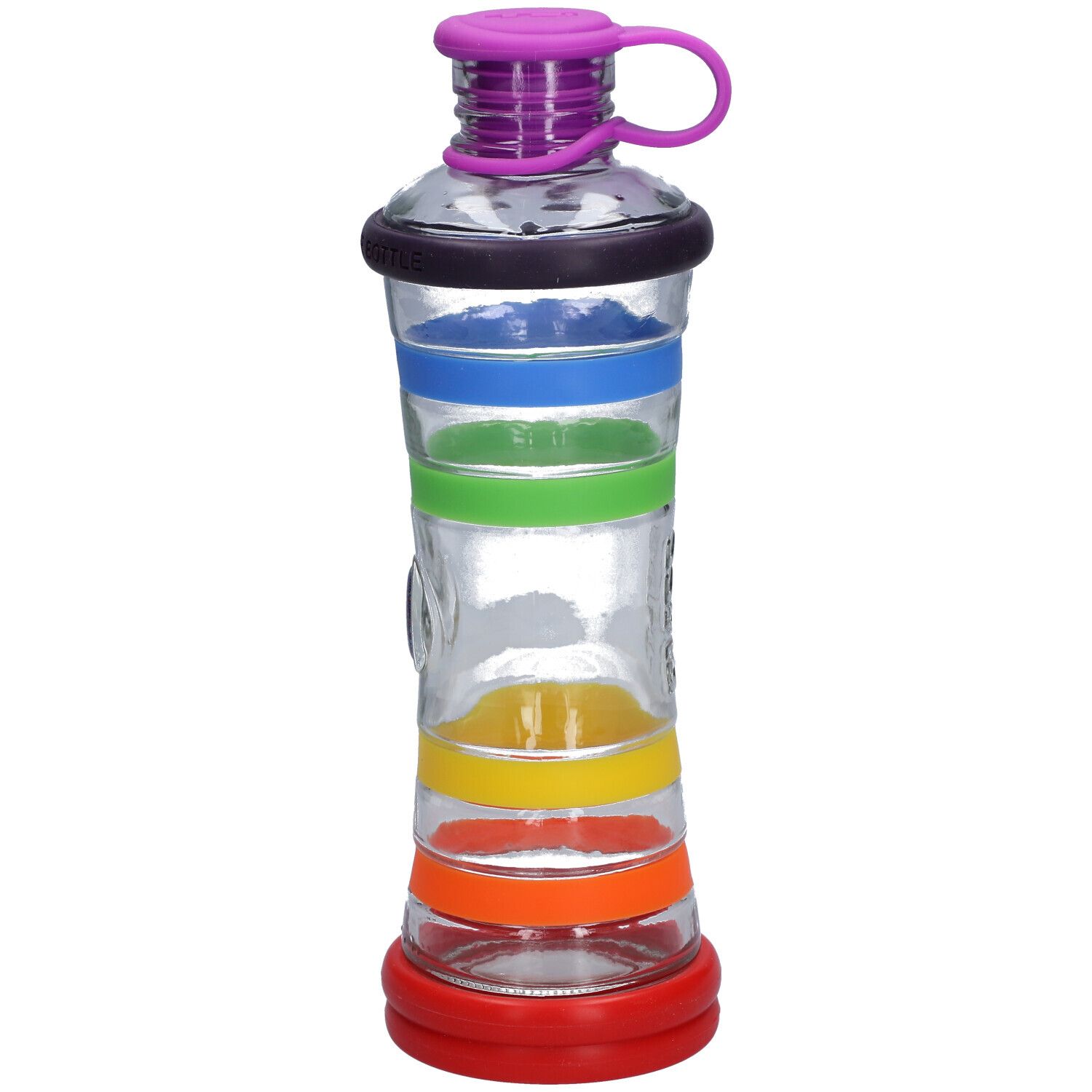 Bouteille en verre avec anneaux colorés. Base rouge, anneaux orange, jaune, vert, bleu et noir. Bouchon violet avec boucle. Inscription: 'INFORMED WATER BOTTLE'.