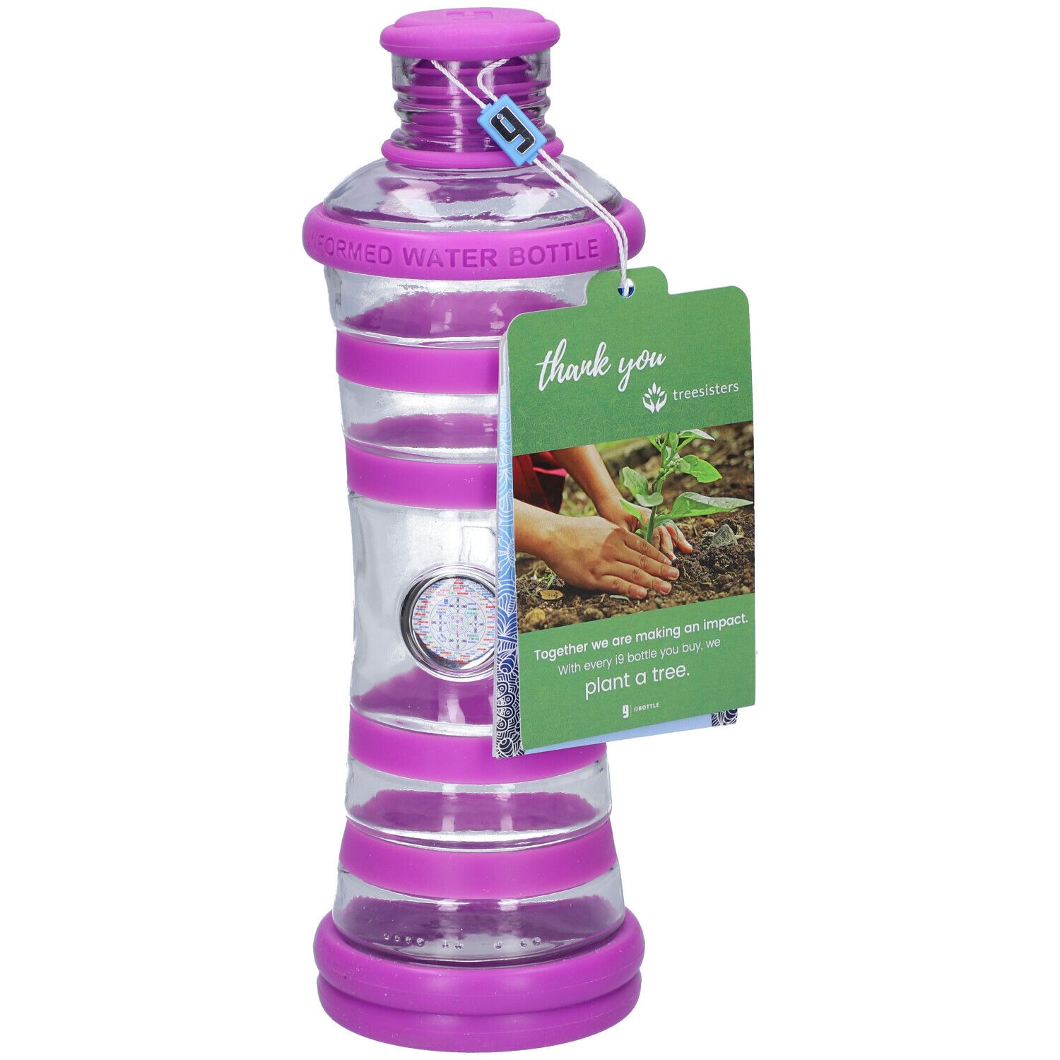 Bouteille d'eau transparente avec éléments violets. Étiquette "thank you" avec texte. Base ronde et bouchon.