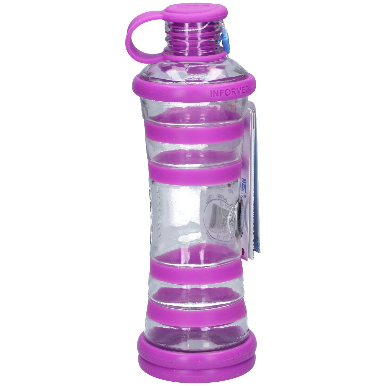Bouteille d'eau transparente avec éléments violets. Base ronde et bouchon avec poignée. Étiquette.