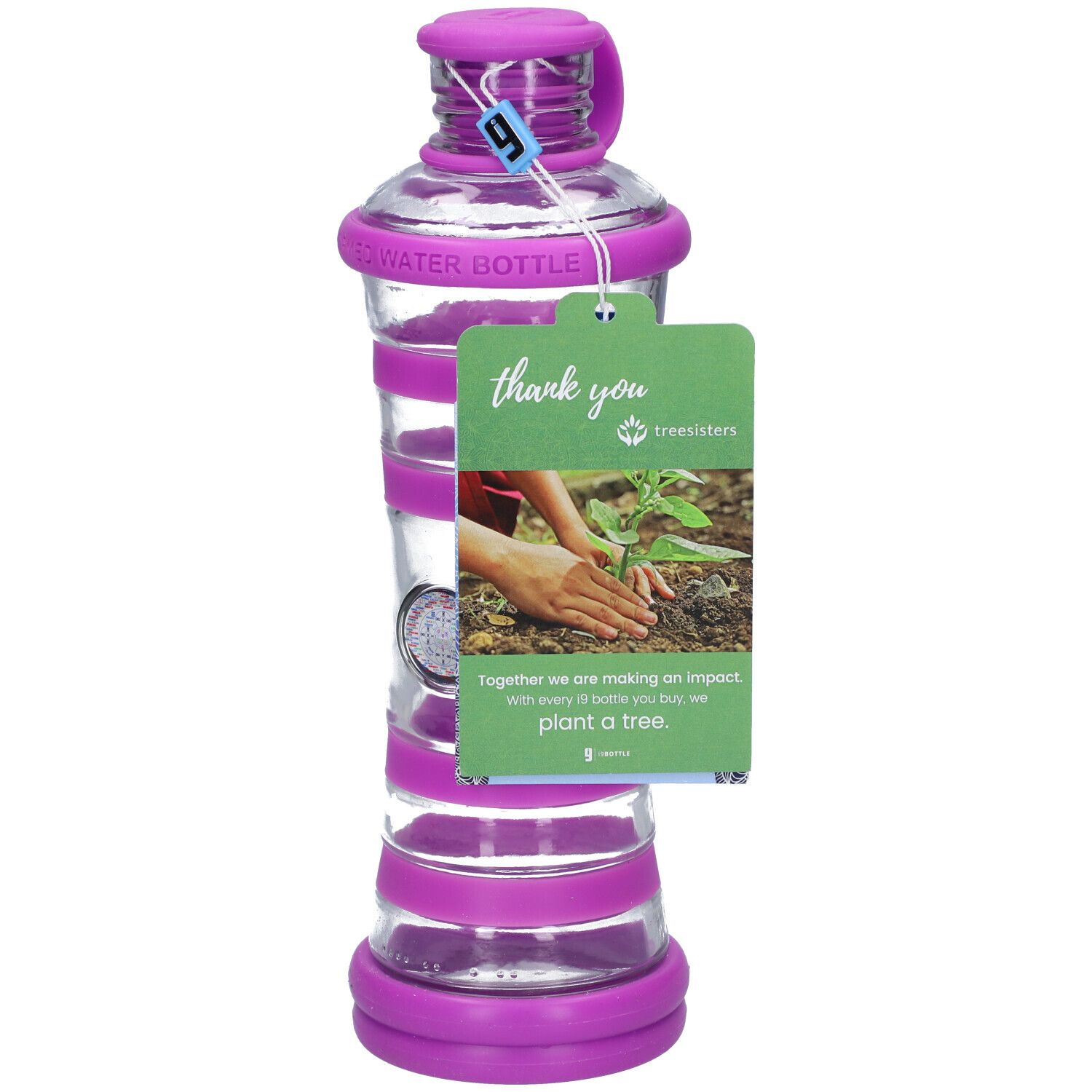 Bouteille d'eau transparente avec éléments violets. Étiquette "thank you" avec texte. Base ronde et bouchon.