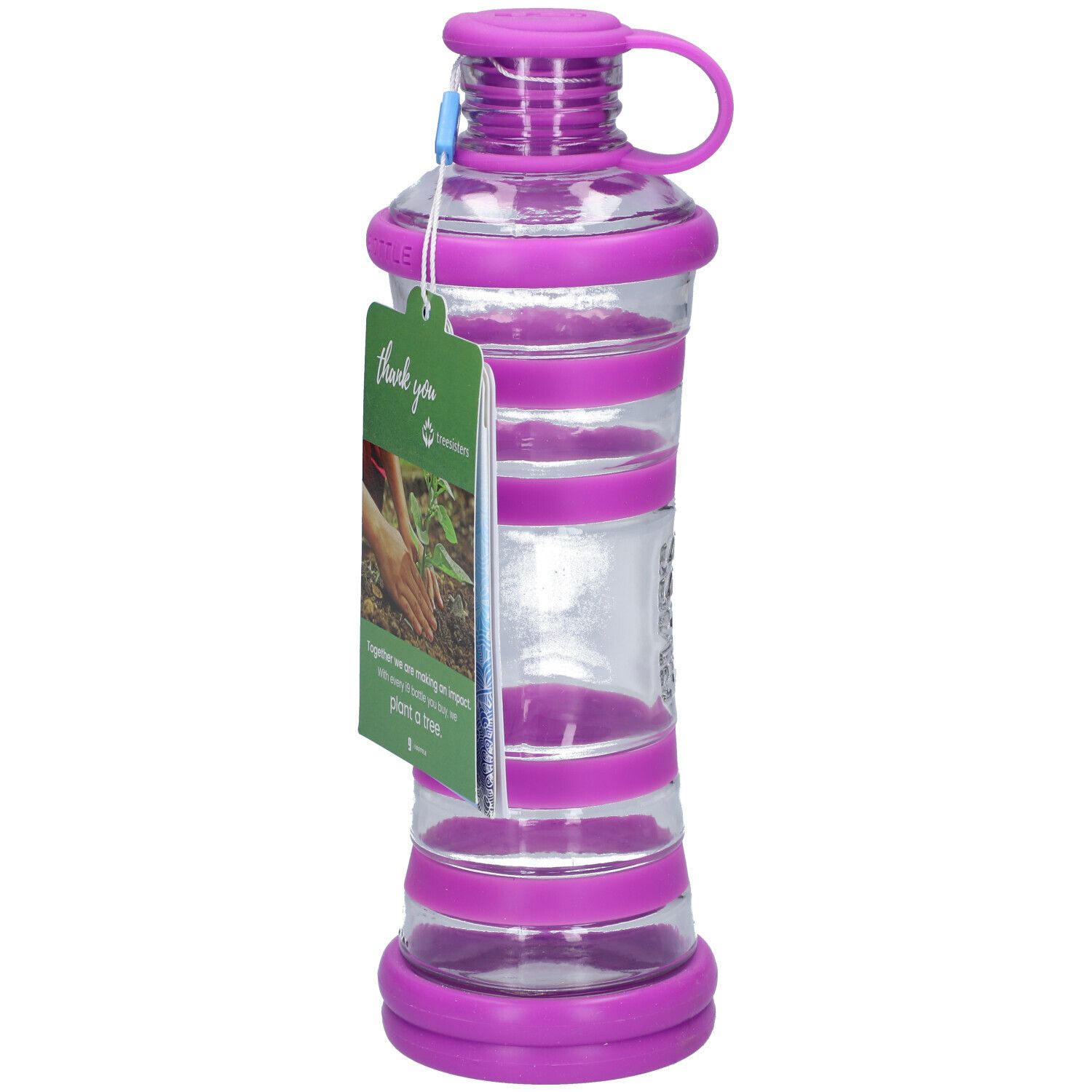 Bouteille d'eau transparente avec éléments violets. Étiquette "thank you" avec texte. Base ronde et bouchon.