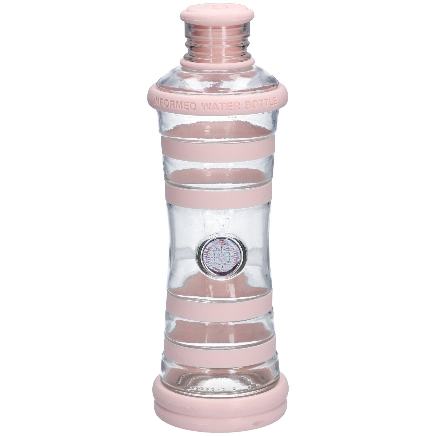Transparante waterfles met roze elementen. Cilindrische vorm met roze banden en dop. Opschrift: INFORMED WATER BOTTLE.