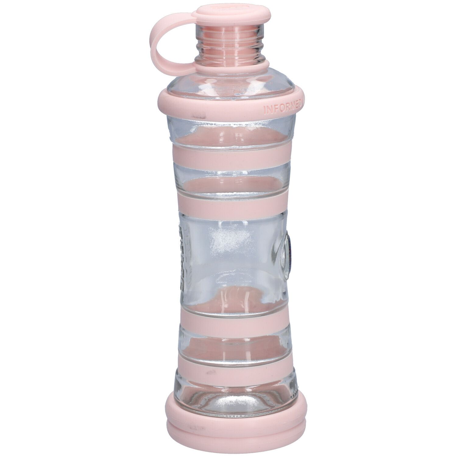 Transparante waterfles met roze elementen. Cilindrische vorm met roze banden en dop met handvat.