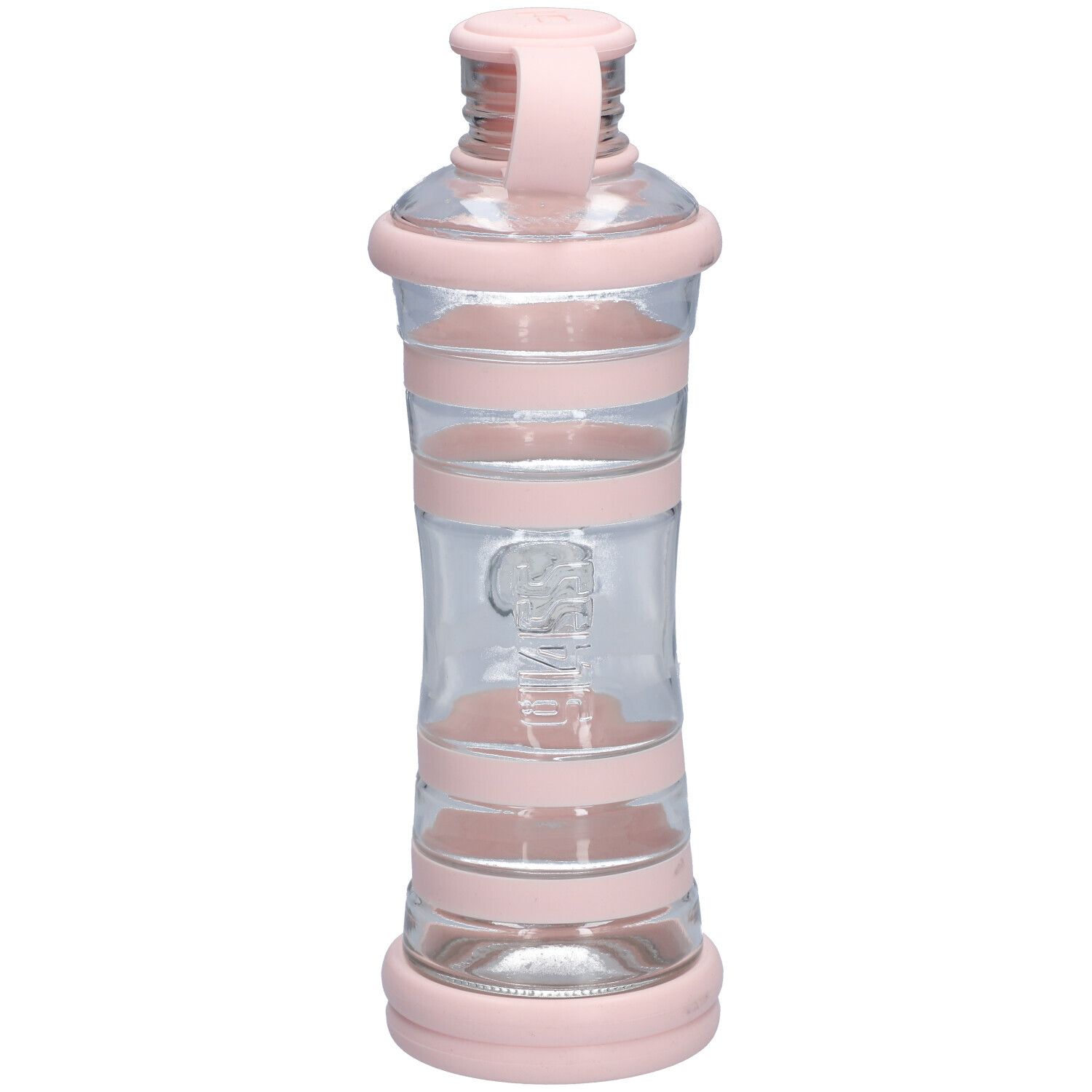 Transparante waterfles met roze elementen. Cilindrische vorm met roze banden en dop met handvat.