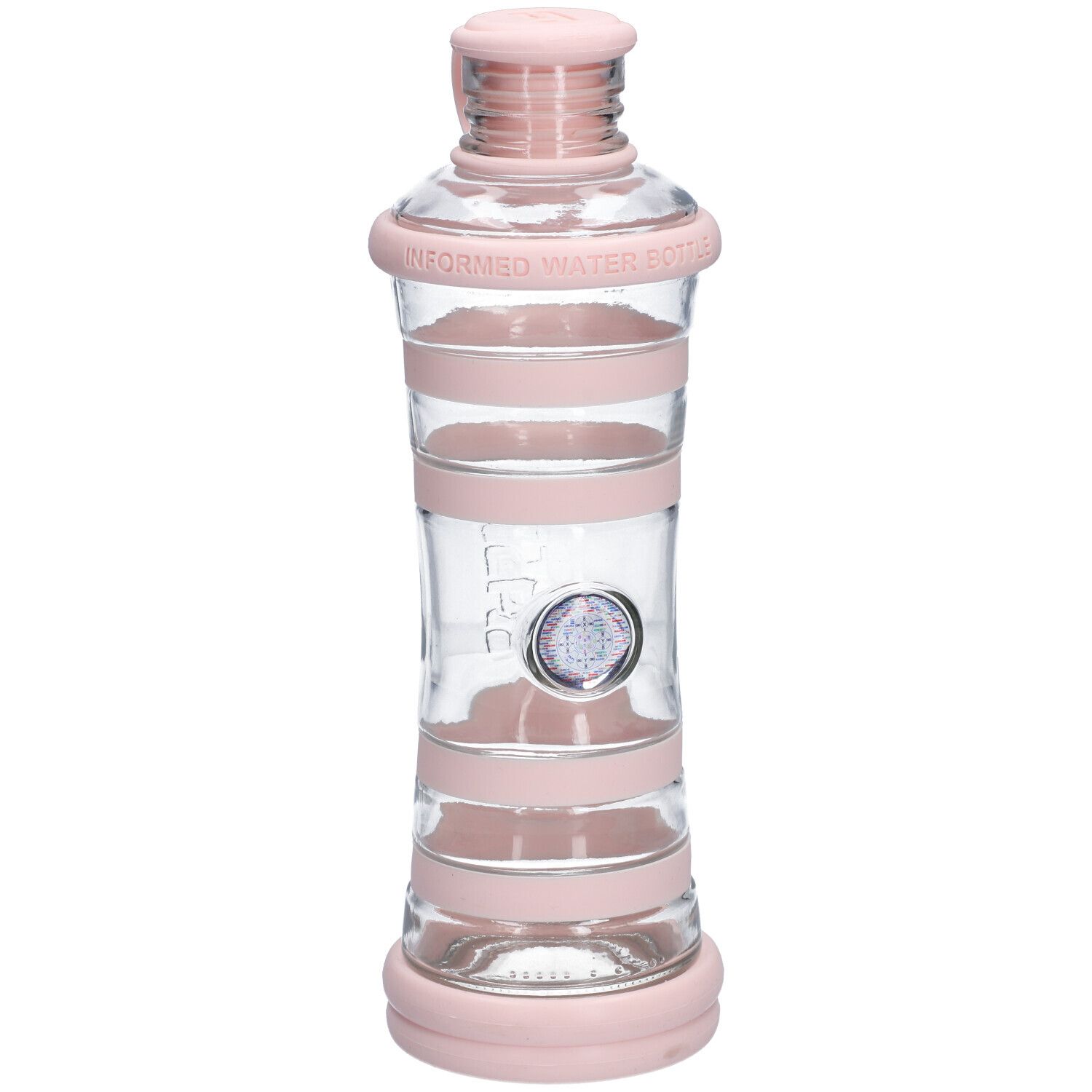 Transparante waterfles met roze elementen. Cilindrische vorm met roze banden en dop. Opschrift: INFORMED WATER BOTTLE.