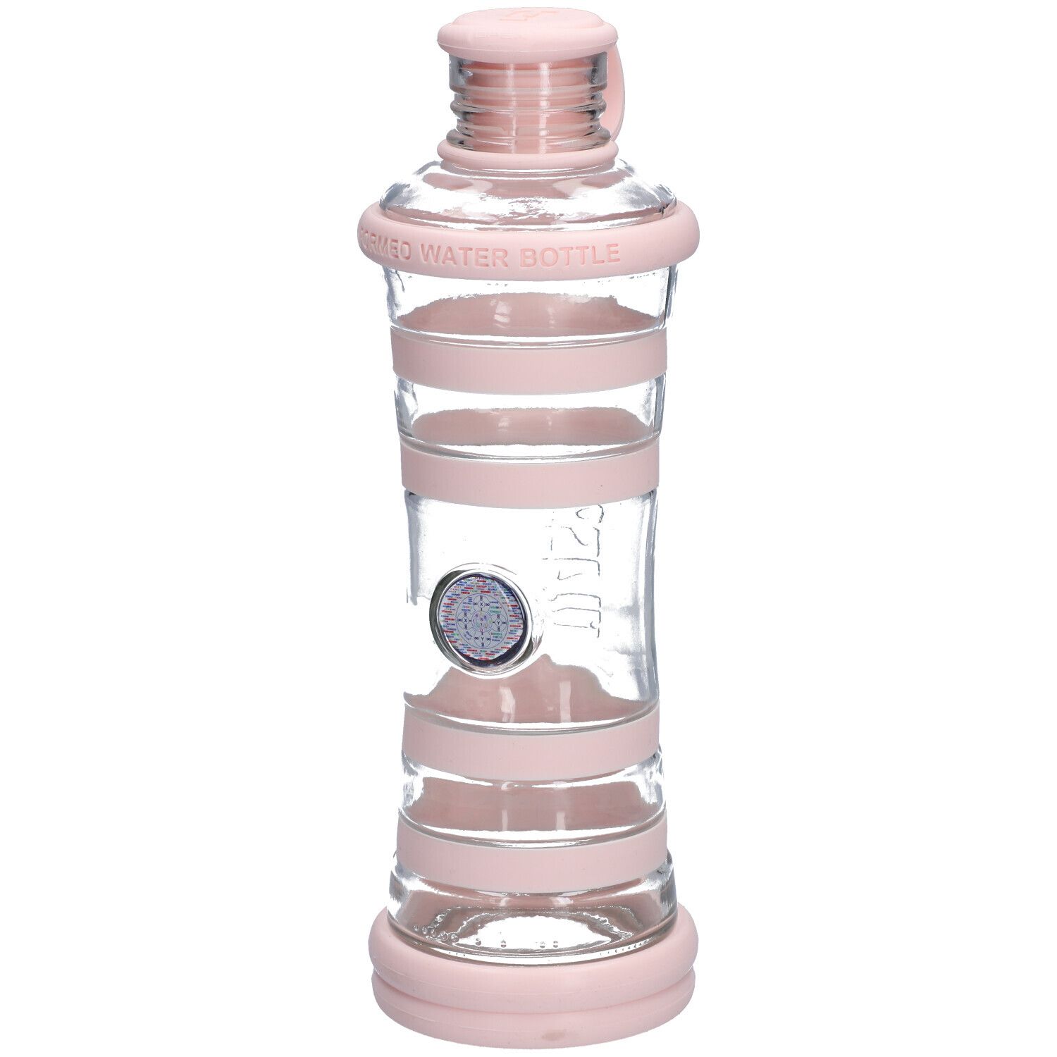 Transparante waterfles met roze elementen. Cilindrische vorm met roze banden en dop met handvat. Opschrift: INFORMED WATER BOTTLE.