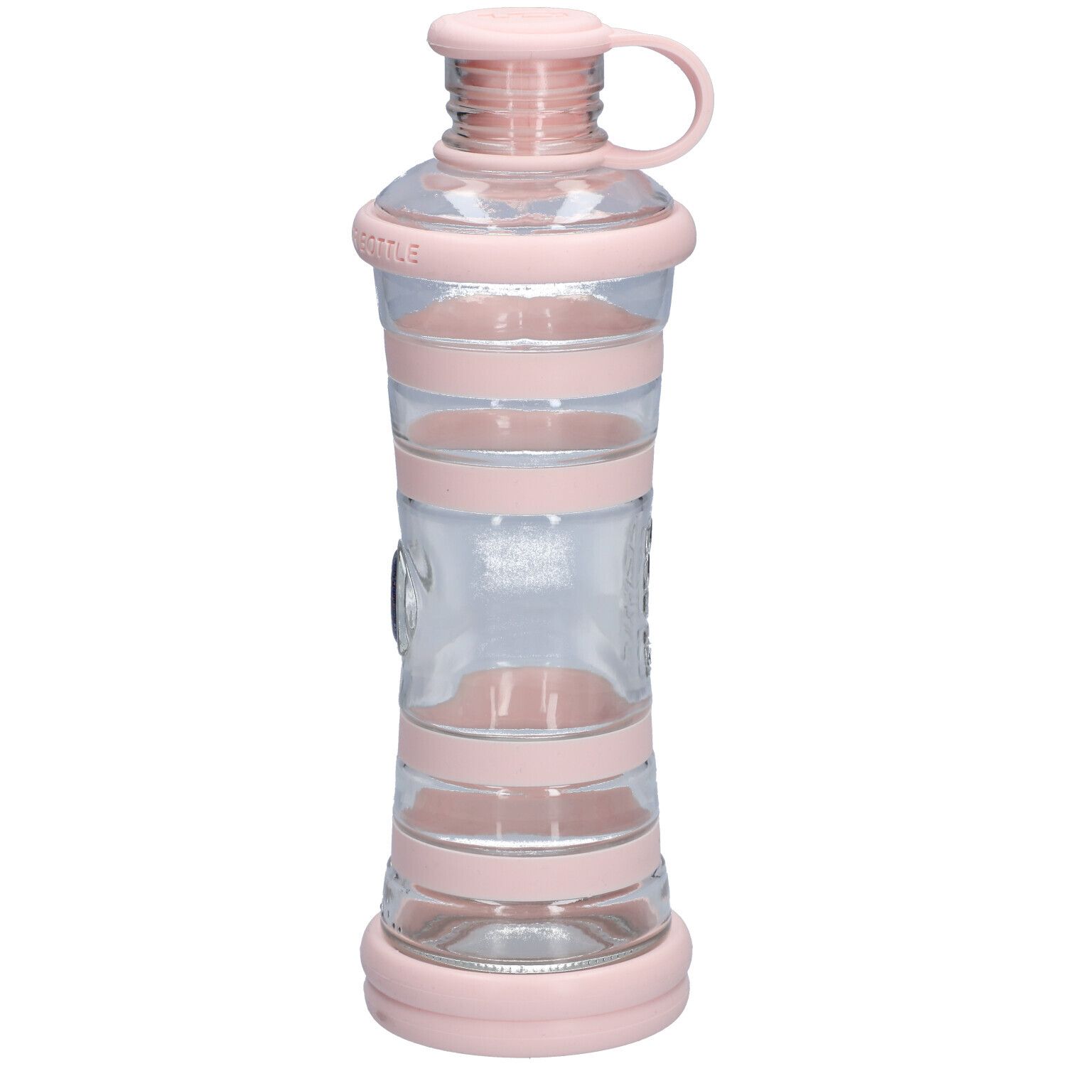 Transparante waterfles met roze elementen. Cilindrische vorm met roze banden en dop met handvat.