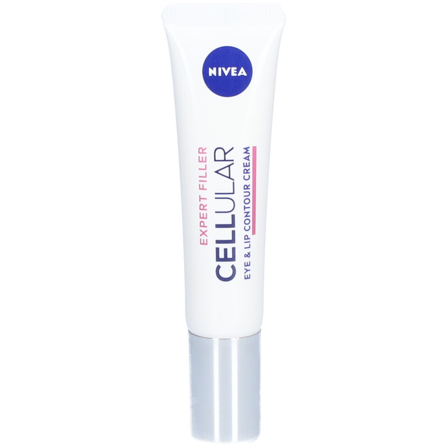 Weiße Tube mit silbernem Verschluss. Aufschrift: NIVEA, CELLULAR, EYE & LIP CONTOUR CREAM.