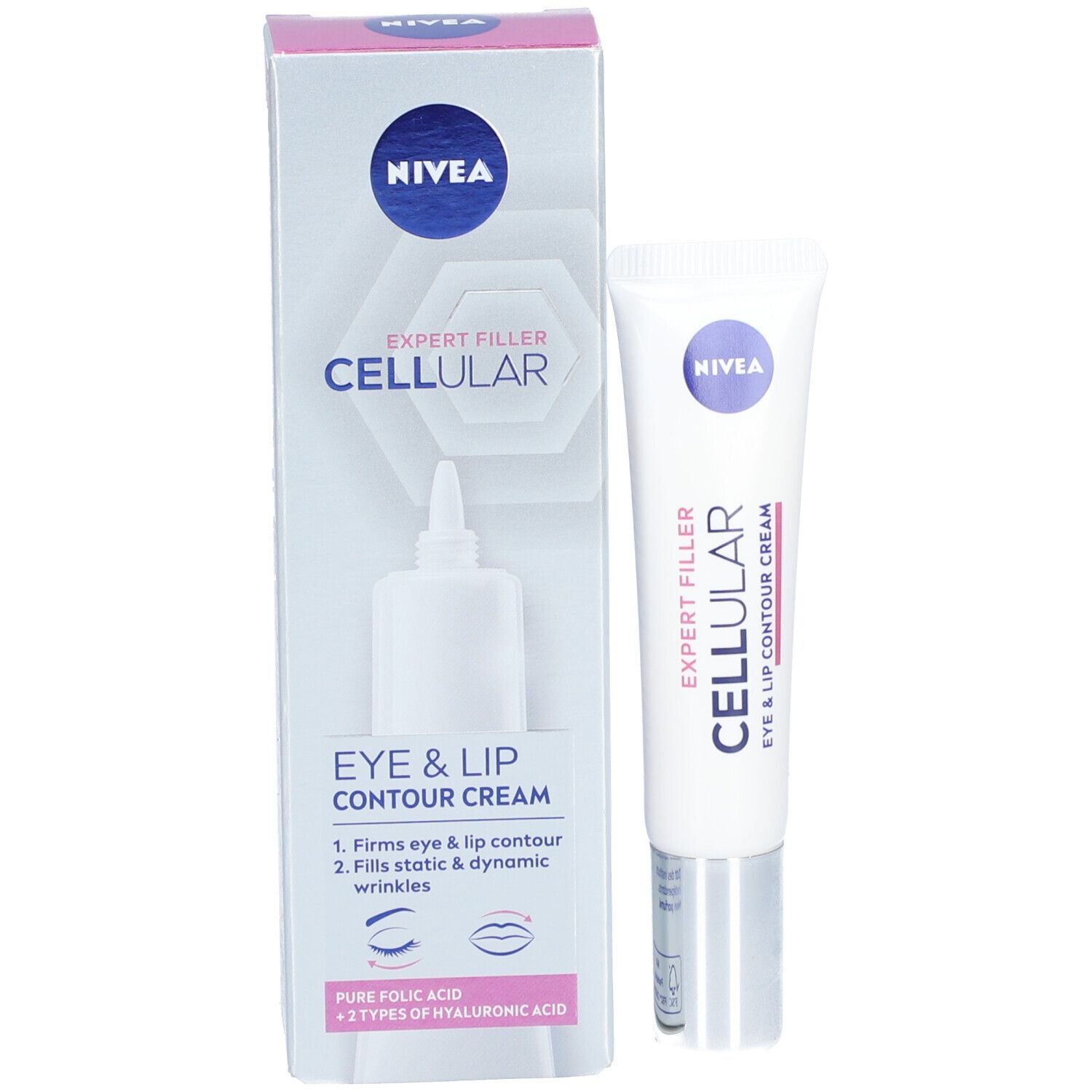 Produkt und Verpackung. Weiße Tube und Karton. Aufschrift: NIVEA, CELLULAR, EYE & LIP CONTOUR CREAM.
