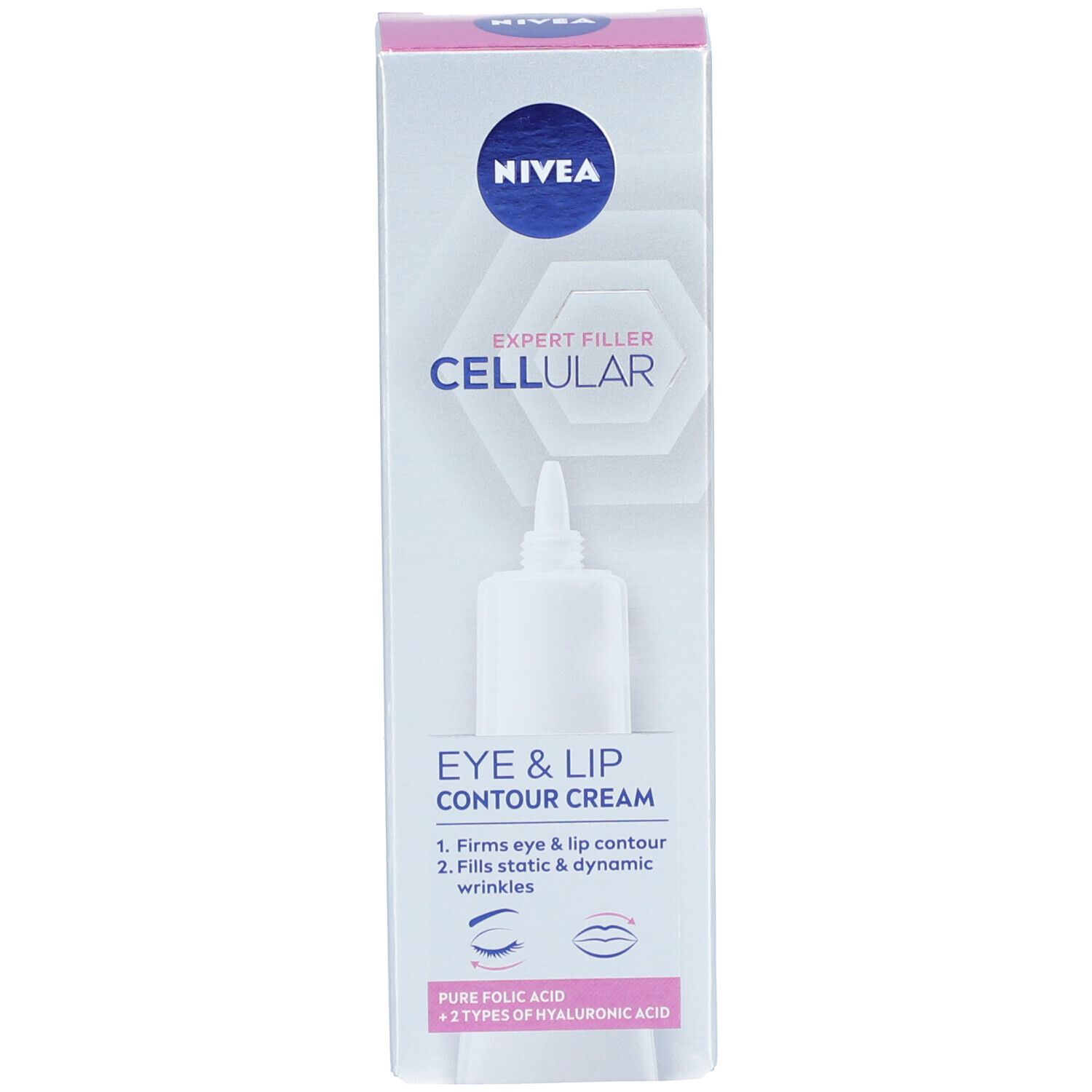 Kartonverpackung. Aufschrift: NIVEA, CELLULAR, EYE & LIP CONTOUR CREAM. Abbildung einer Tube.