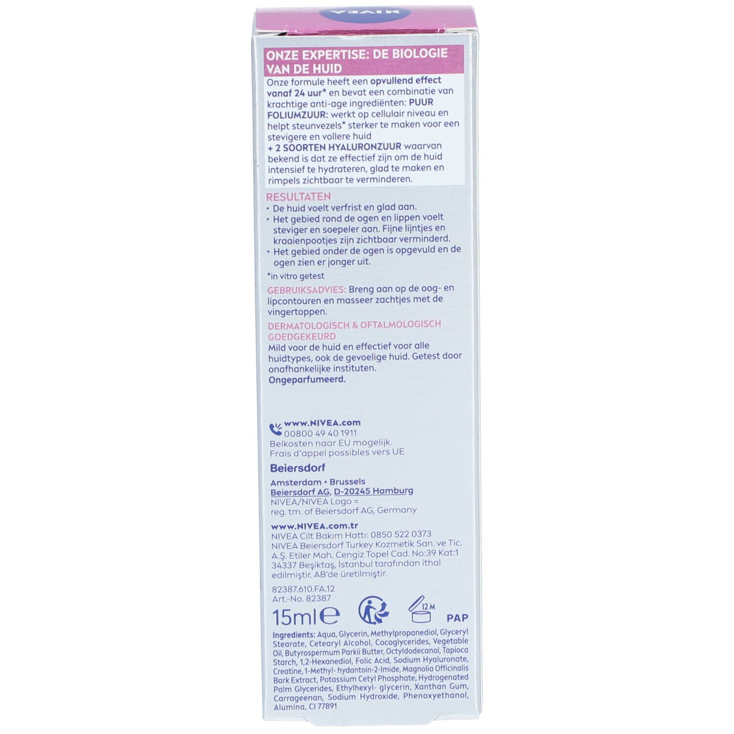Verpackungstext in niederländischer Sprache. Informationen zur Anwendung und Inhaltsstoffen.