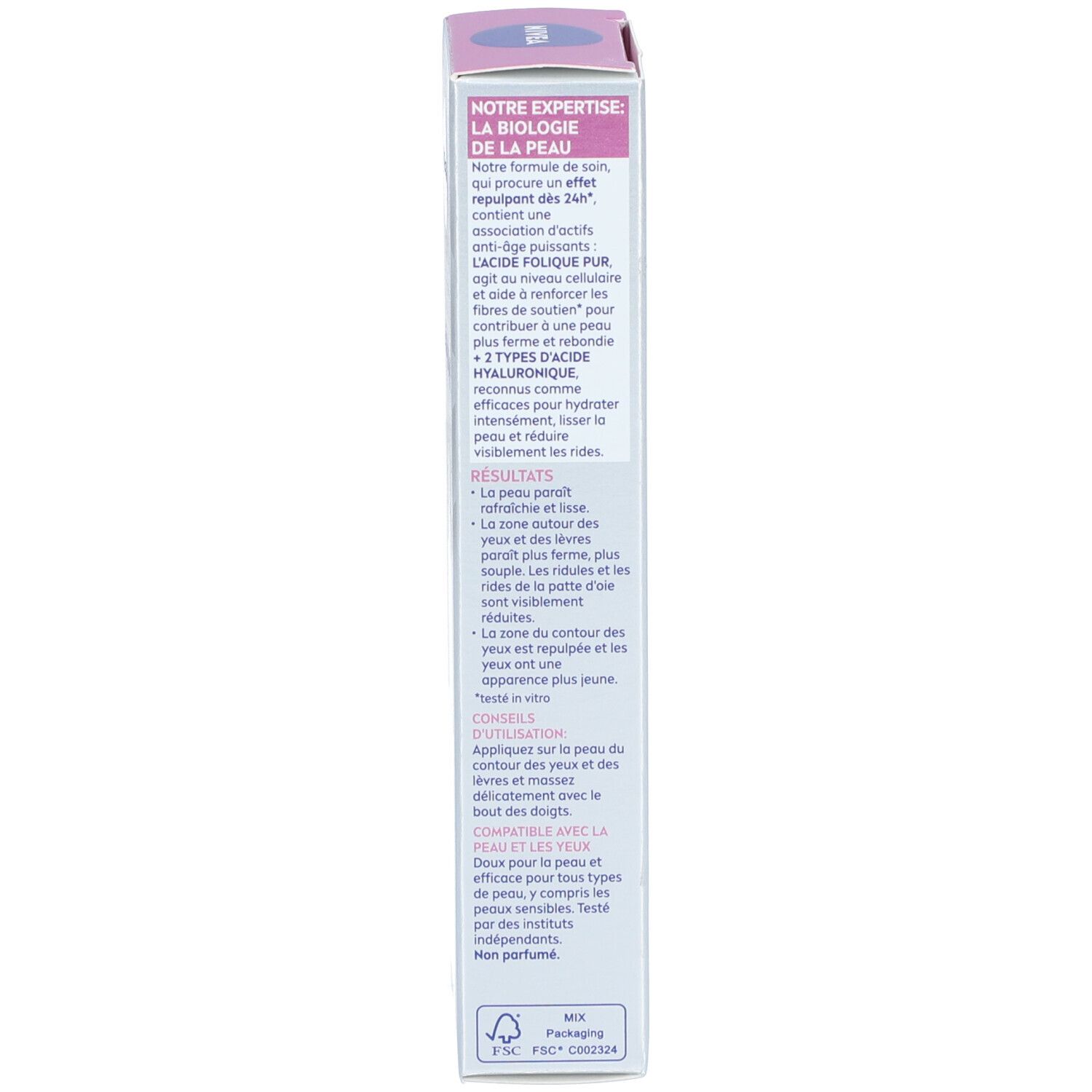 Verpackungstext in französischer Sprache. Informationen zur Anwendung und Inhaltsstoffen.