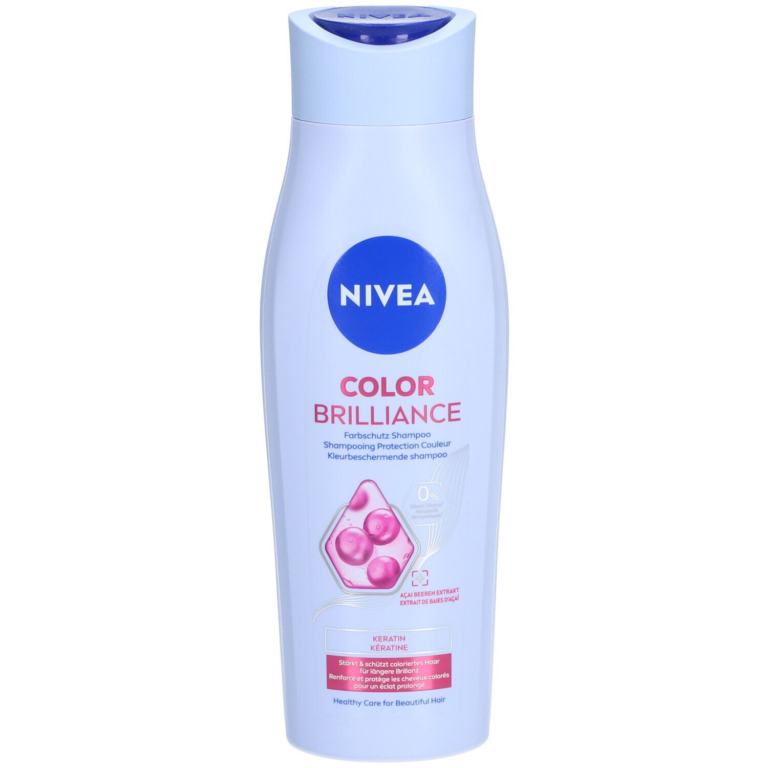 NIVEA Color Brilliance Shampoo Flasche. Blau-weiß, mit Produktinformationen und Logo. Rosa Akzent. Keratin-Formel.