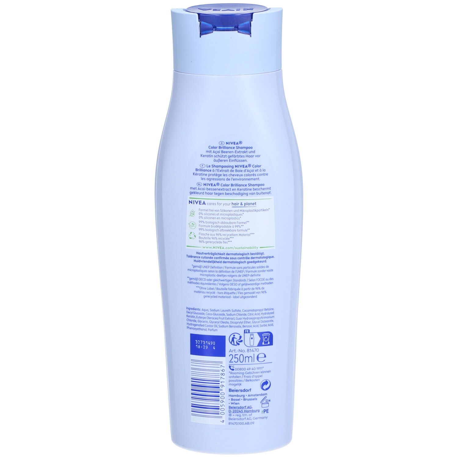 Rückseite der NIVEA Color Brilliance Shampoo Flasche. Produktinformationen, Logo, und Recycling-Symbole.