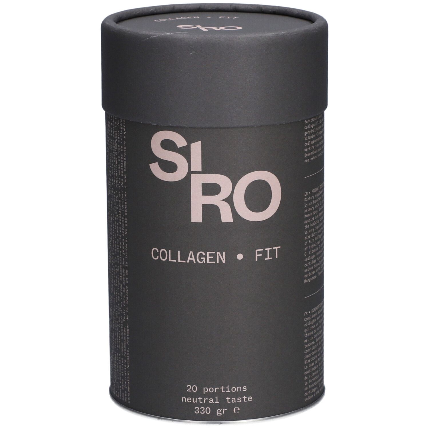 Boîte cylindrique SiRo Collagen FIT. Inscription: COLLAGEN • FIT, 20 portions, goût neutre, 330 g.