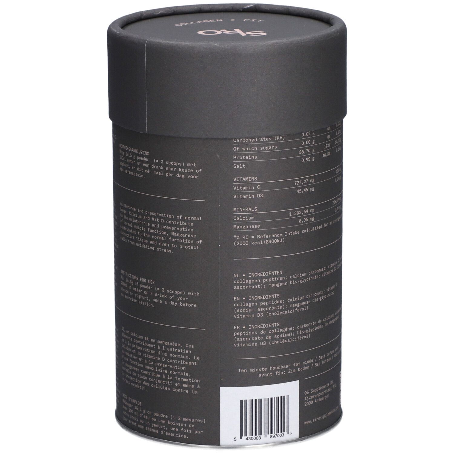 Dos de la boîte SiRo Collagen FIT. Contient des informations nutritionnelles et des ingrédients.