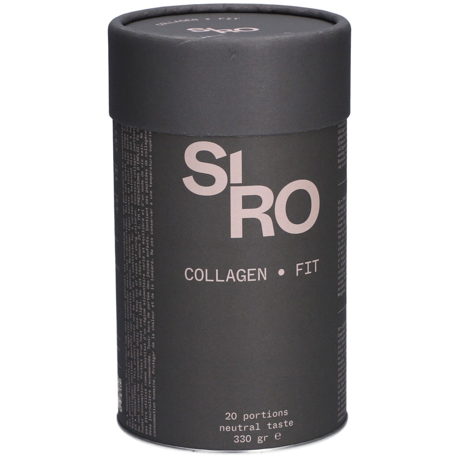 Boîte cylindrique SiRo Collagen FIT. Inscription: COLLAGEN • FIT, 20 portions, goût neutre, 330 g.