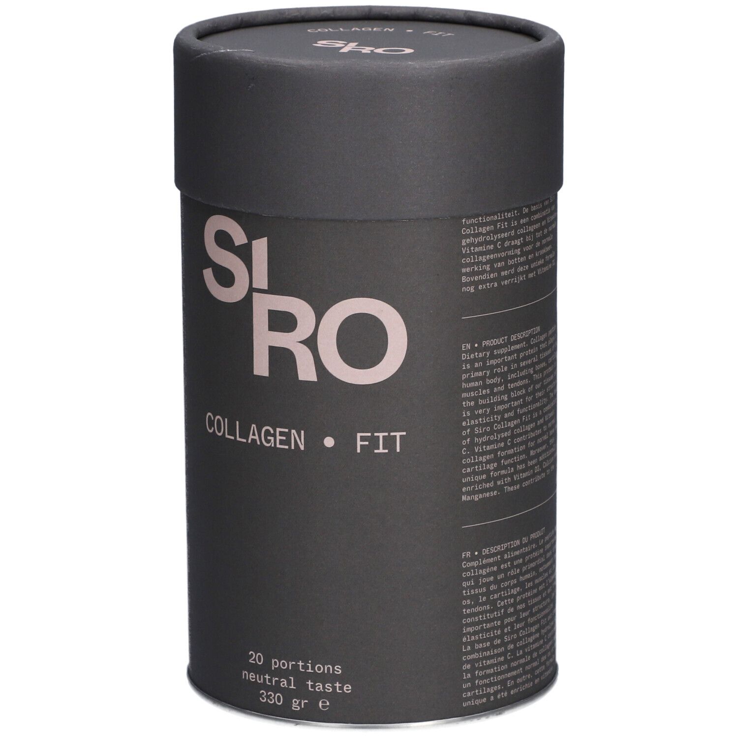 Boîte cylindrique SiRo Collagen FIT. Inscription: COLLAGEN • FIT, 20 portions, goût neutre, 330 g.