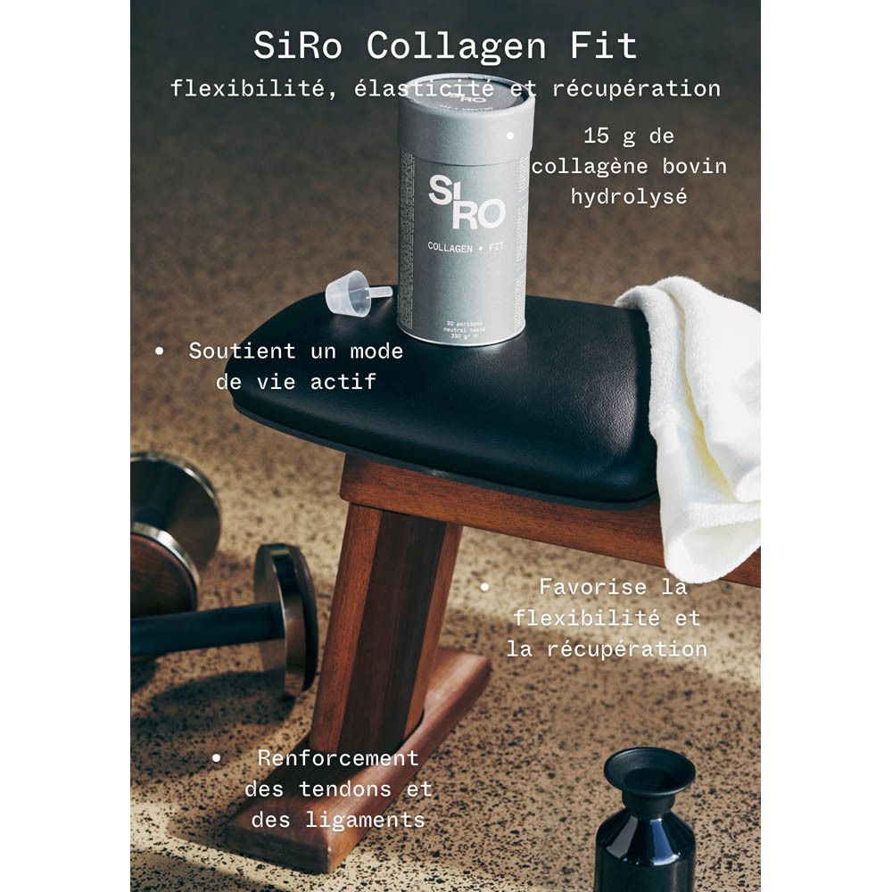 Boîte SiRo Collagen FIT, avec texte et illustrations. Sur un banc avec une serviette et des accessoires.
