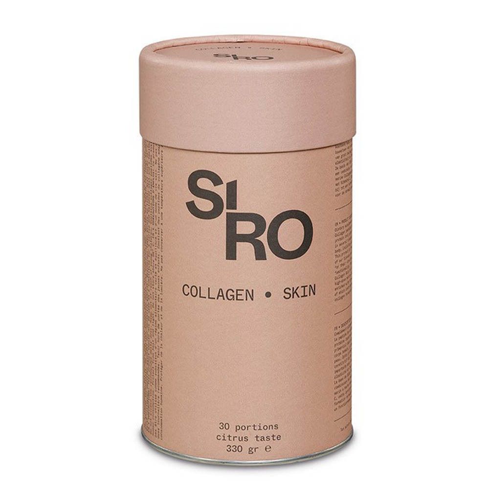Visuel publicitaire avec SiRo Collagen Skin. Une main verse de la poudre dans un verre. Texte: peau, ongles, cheveux.