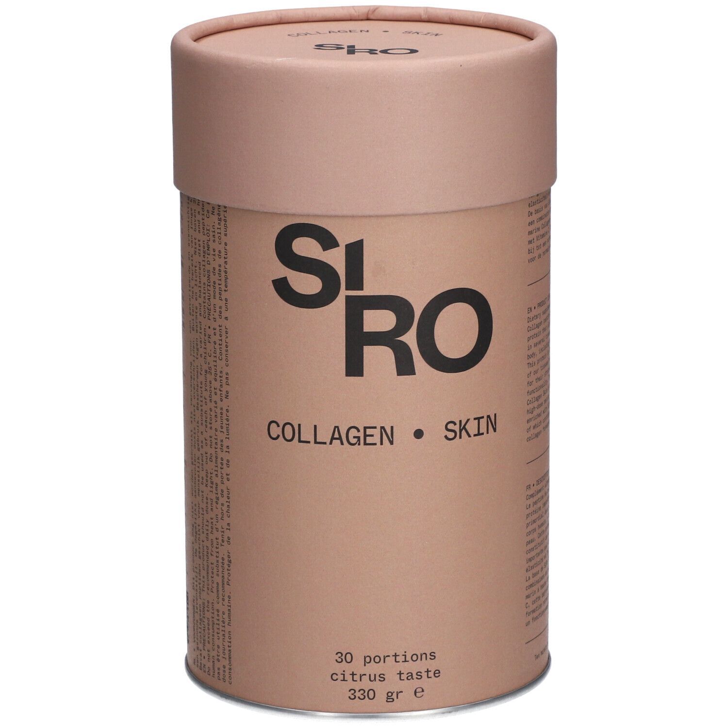 Boîte cylindrique SiRo Collagen Skin. Inscription: Collagen Skin, 30 portions, goût agrumes, 330 g.