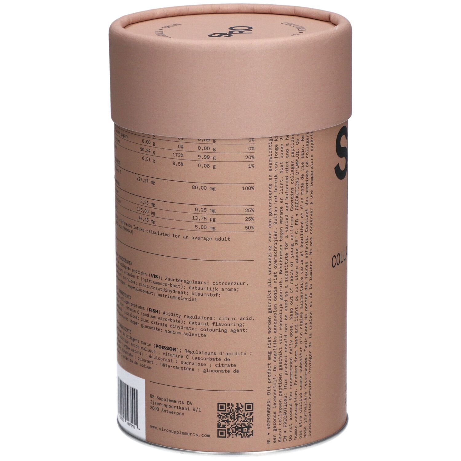 Dos de la boîte SiRo Collagen Skin. Contient des informations nutritionnelles et des ingrédients en plusieurs langues.