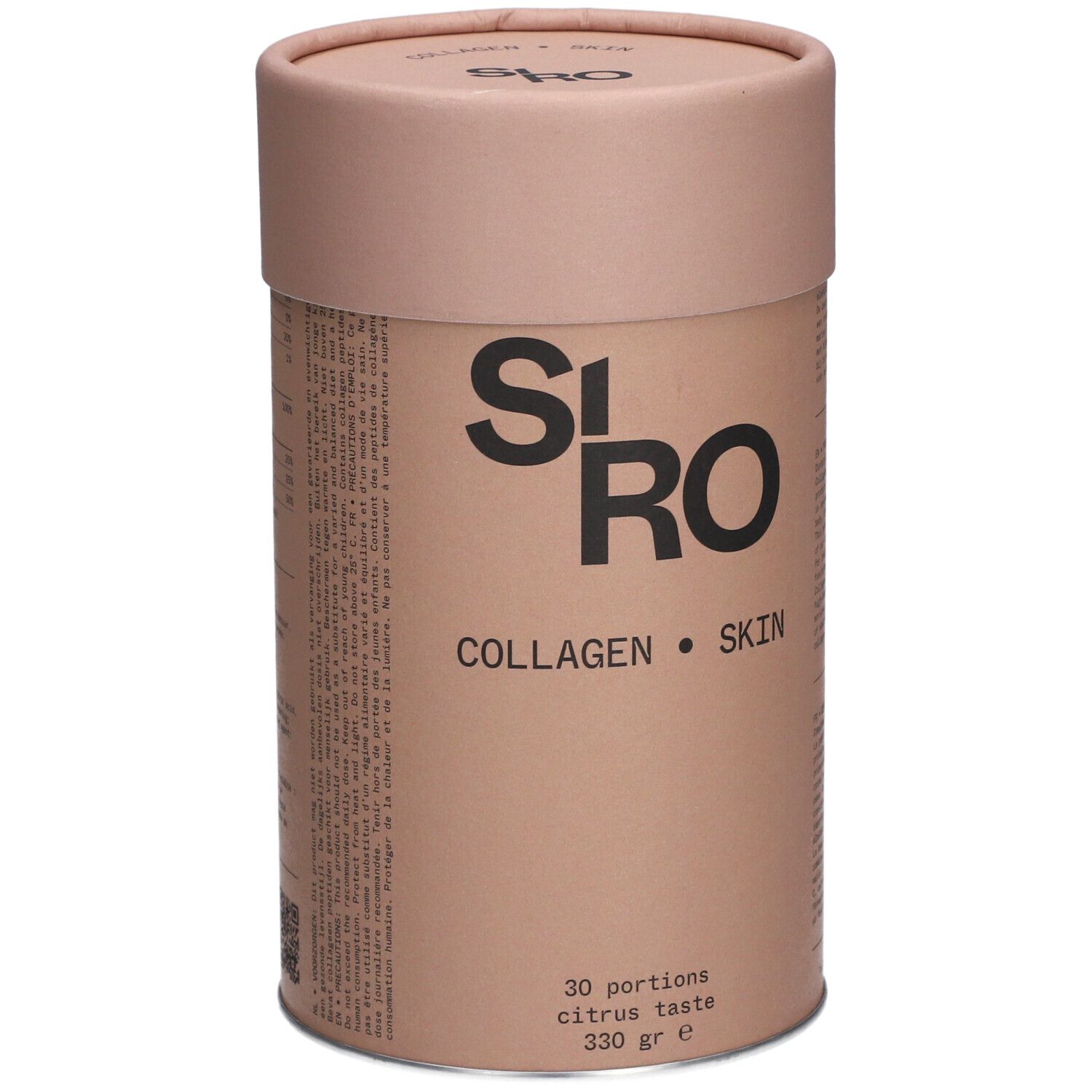Boîte cylindrique SiRo Collagen Skin. Inscription: Collagen Skin, 30 portions, goût agrumes, 330 g.