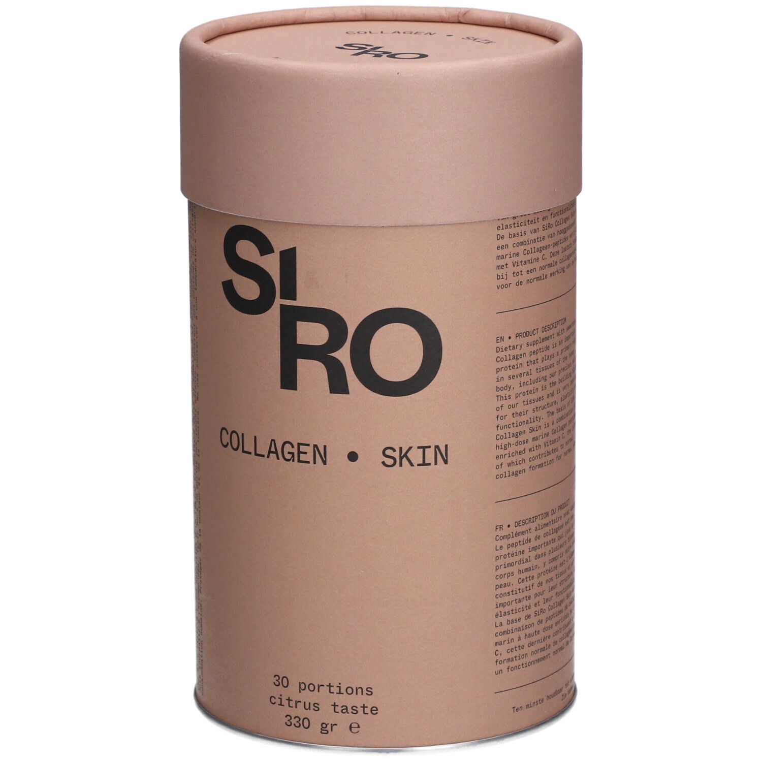 Boîte cylindrique SiRo Collagen Skin. Inscription: Collagen Skin, 30 portions, goût agrumes, 330 g.