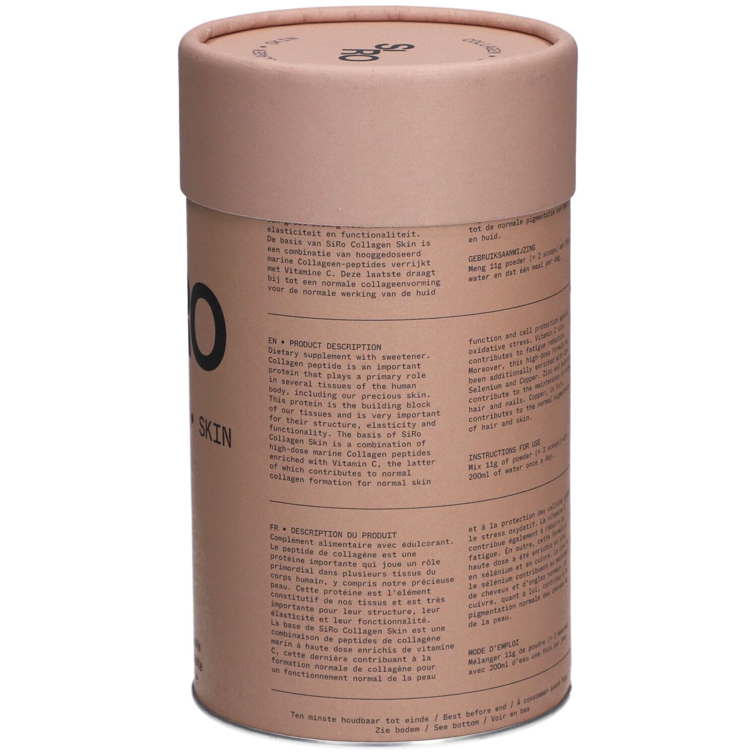 Boîte cylindrique SiRo Collagen Skin. Inscription: Collagen Skin, 30 portions, goût agrumes, 330 g.