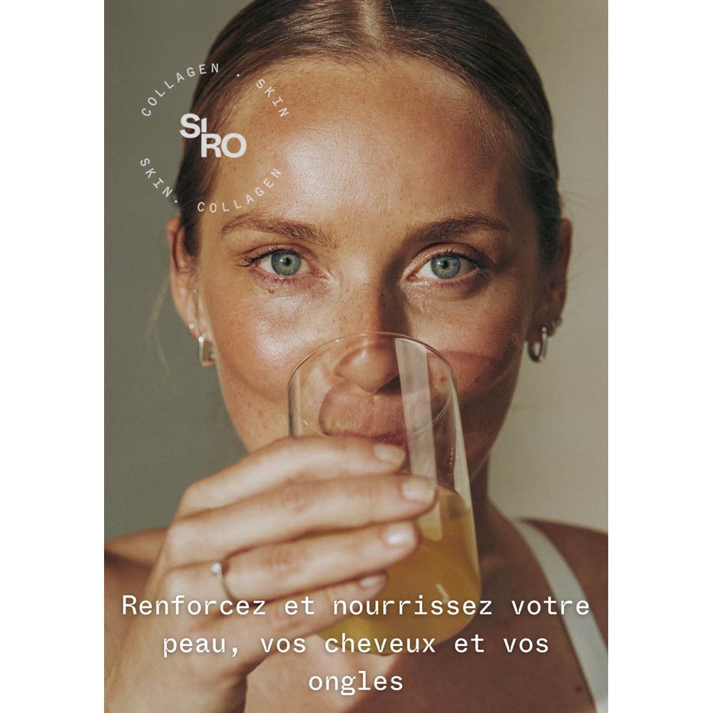 Visuel publicitaire avec SiRo Collagen Skin. Une femme tient la boîte. Texte: peau, ongles, cheveux.