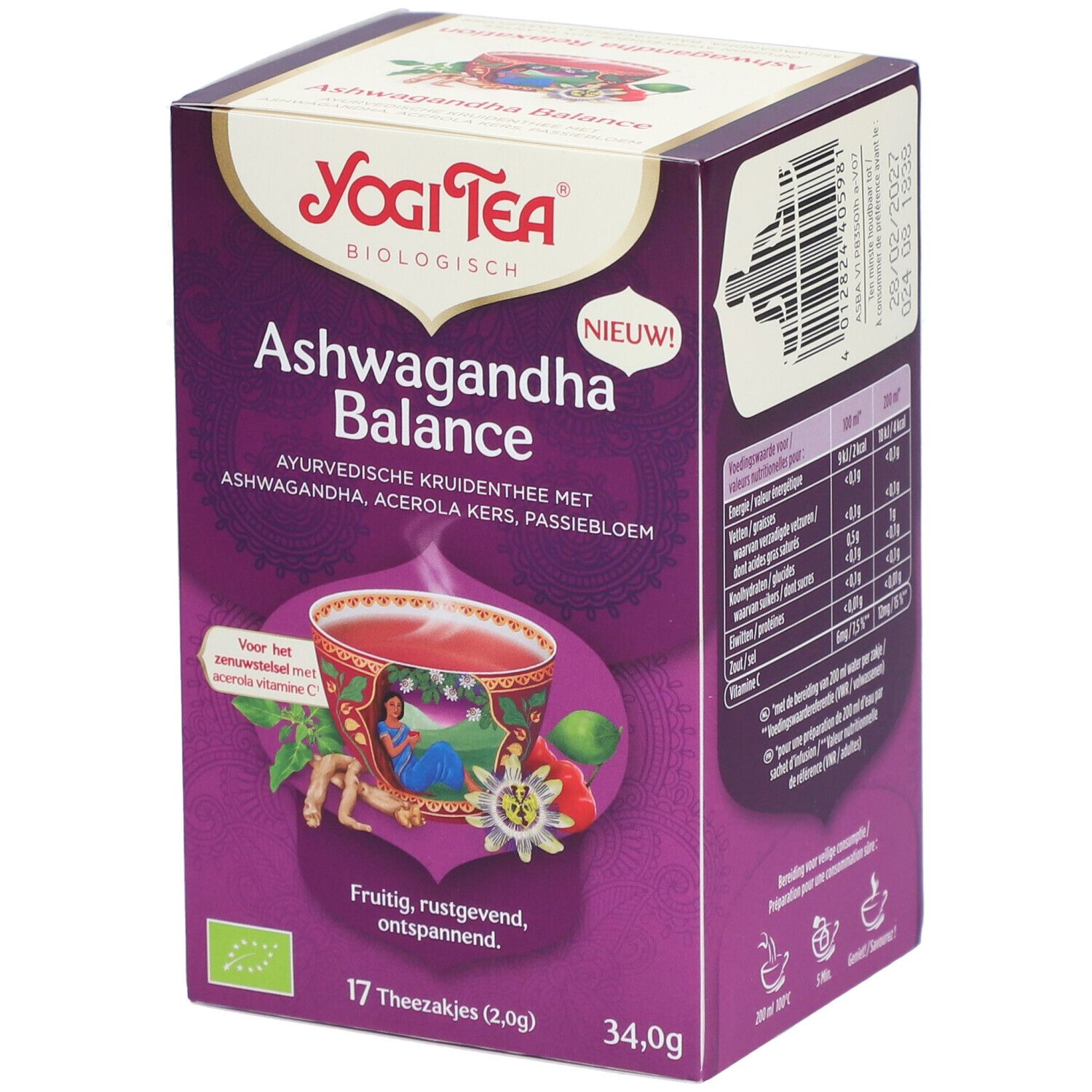 Yogi Tea Ashwagandha Balance theeverpakking. Paarse verpakking met productnaam en logo. 17 theezakjes, 34,0g.