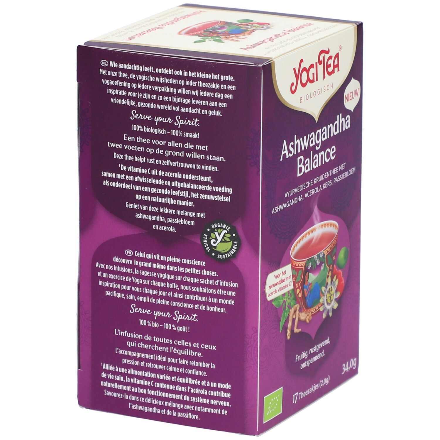 Achterkant van de Yogi Tea Ashwagandha Balance theeverpakking. Paarse verpakking met tekst en logo. Biologische certificering.