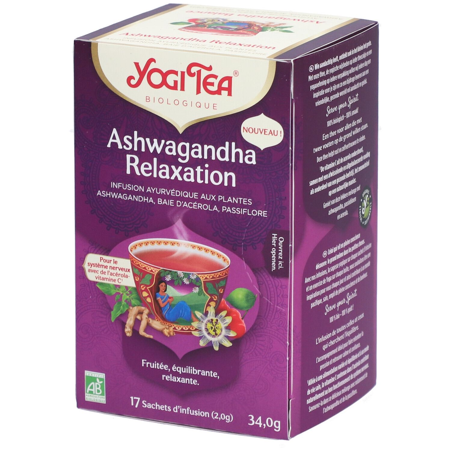 Yogi Tea Ashwagandha Relaxation theeverpakking. Paarse verpakking met productnaam en logo. 17 zakjes, 34,0g.