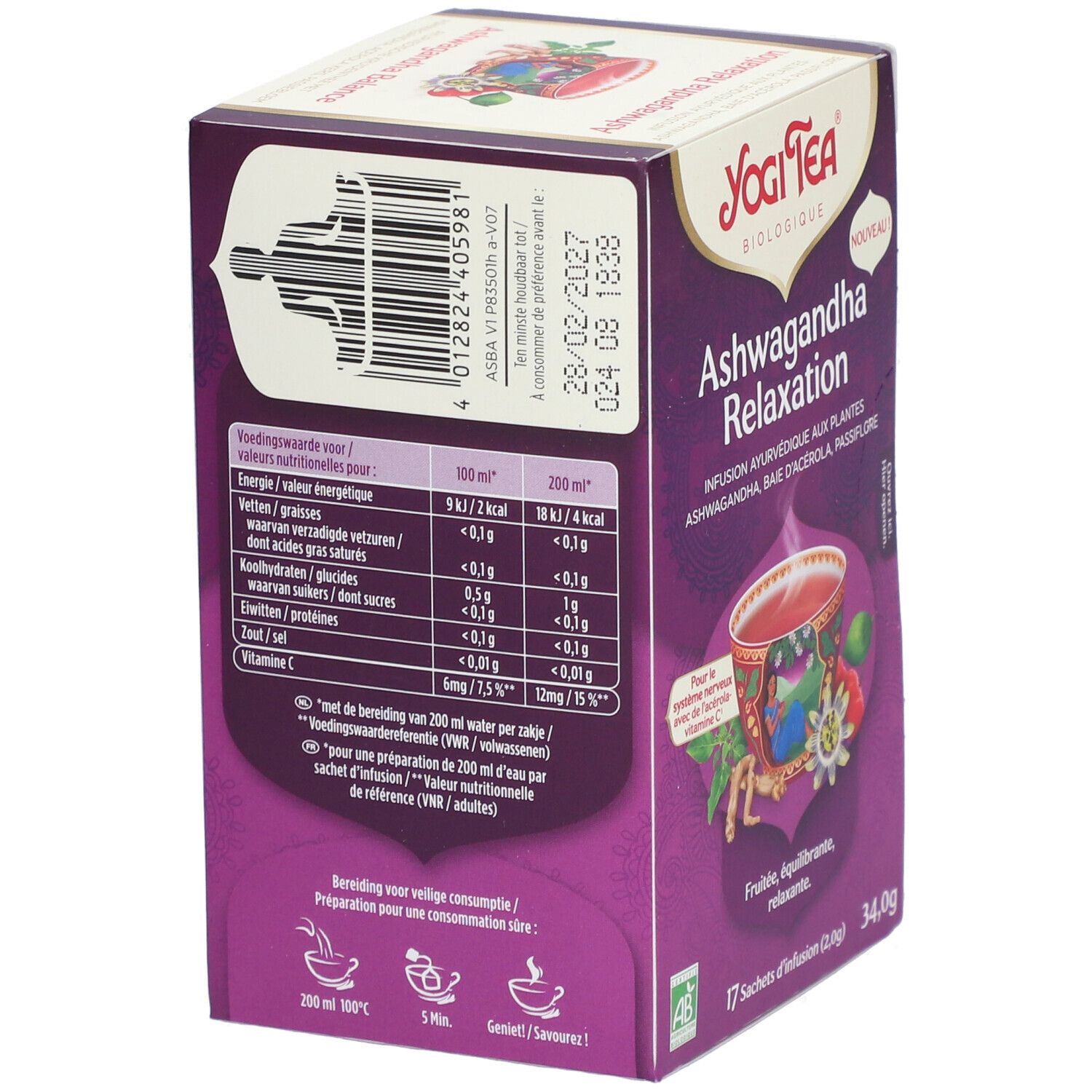 Achterkant van de Yogi Tea Ashwagandha Relaxation theeverpakking. Paarse verpakking met voedingswaarde en logo. Houdbaarheidsdatum.