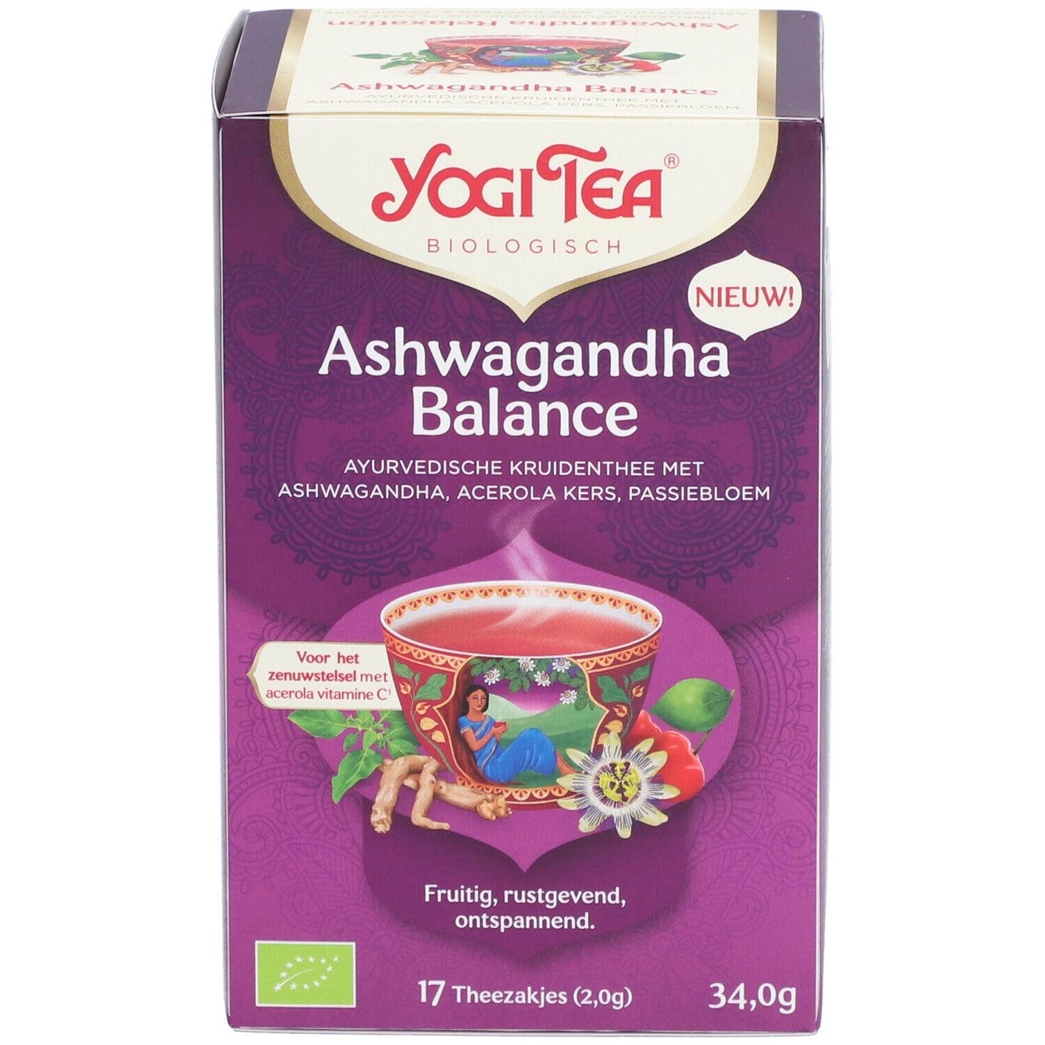 Yogi Tea Ashwagandha Balance theeverpakking. Paarse verpakking met productnaam en logo. 17 theezakjes, 34,0g.