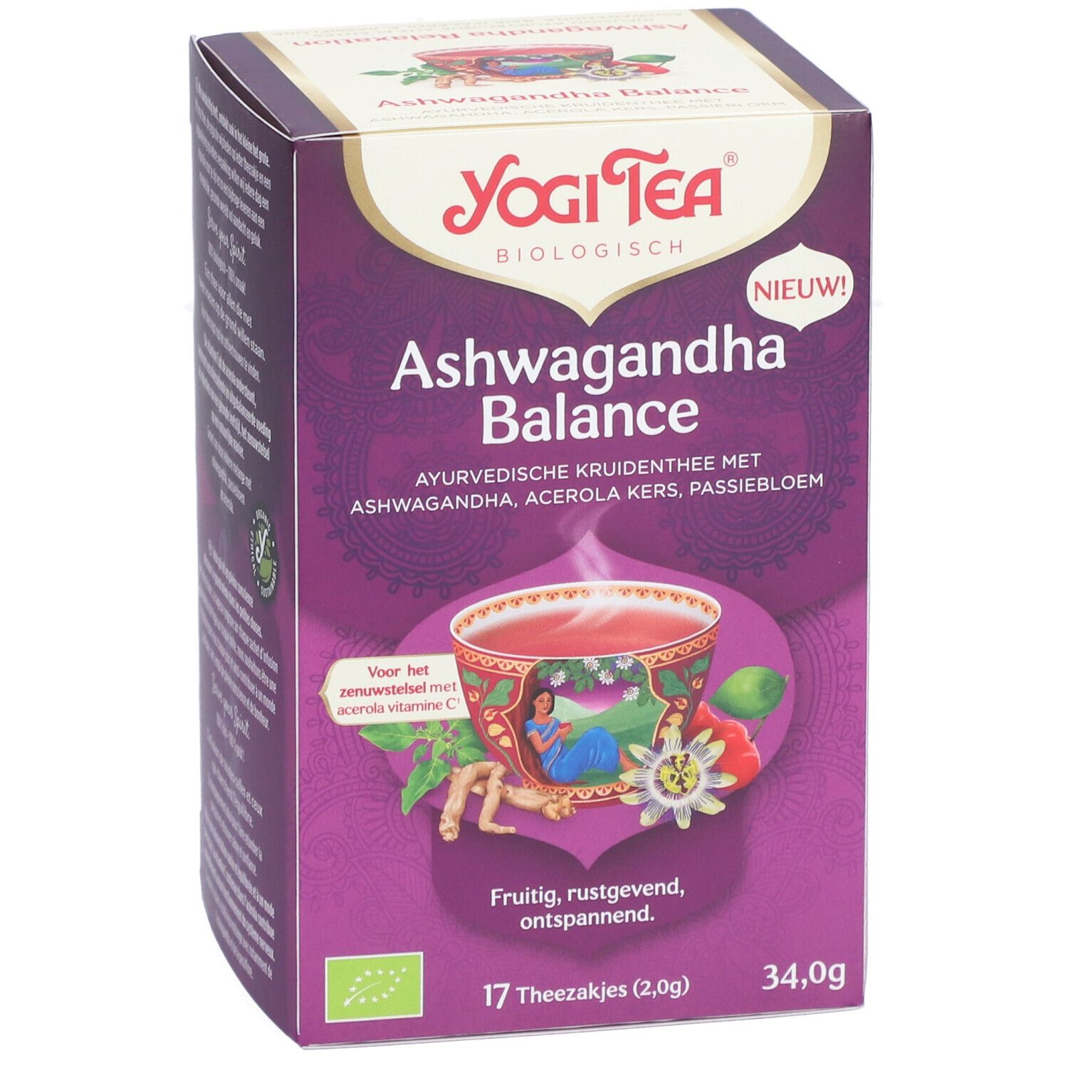Yogi Tea Ashwagandha Balance theeverpakking. Paarse verpakking met productnaam en logo. 17 theezakjes, 34,0g.