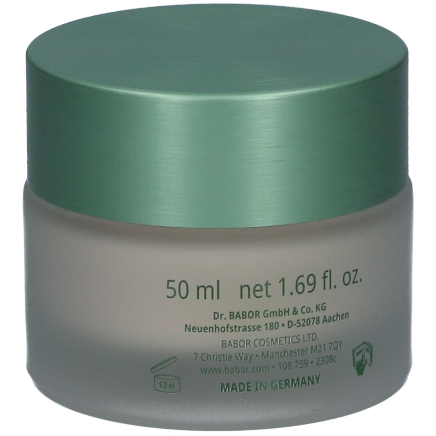 Cremebehälter mit grünem Deckel. Aufschrift: 50 ml, net 1.69 fl. oz. Herstellerinformationen. Made in Germany.