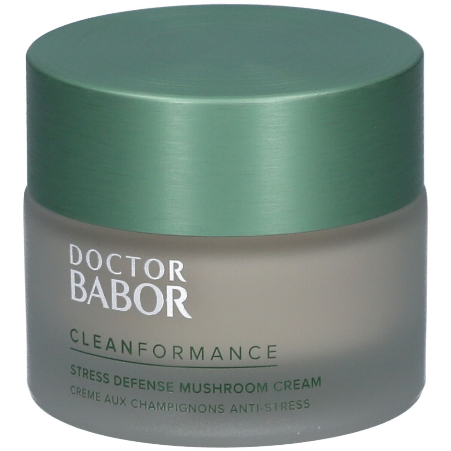 Cremebehälter mit grünem Deckel. Aufschrift: Doktor Babor, Clean Formance, Stress Defense Mushroom Cream.