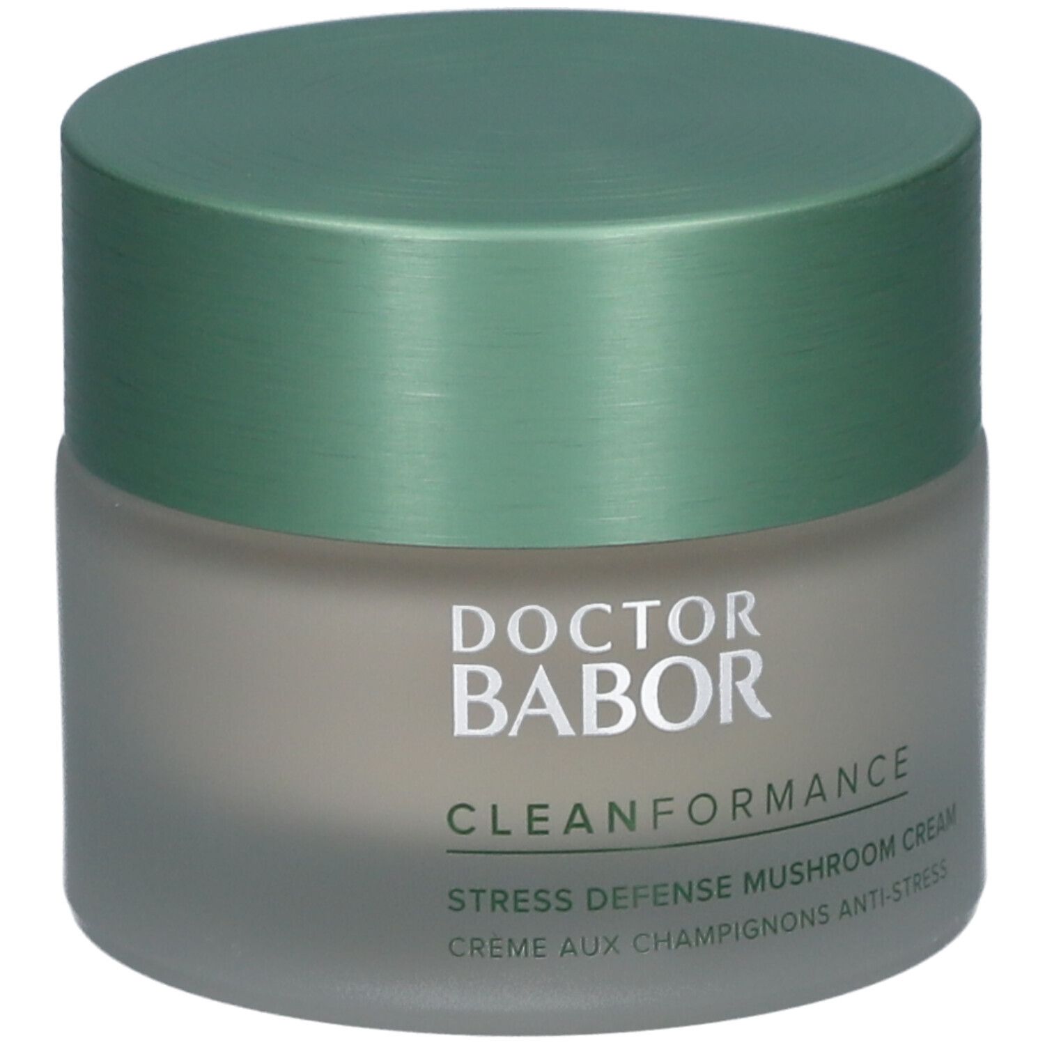 Cremebehälter mit grünem Deckel. Aufschrift: Doktor Babor, Clean Formance, Stress Defense Mushroom Cream.