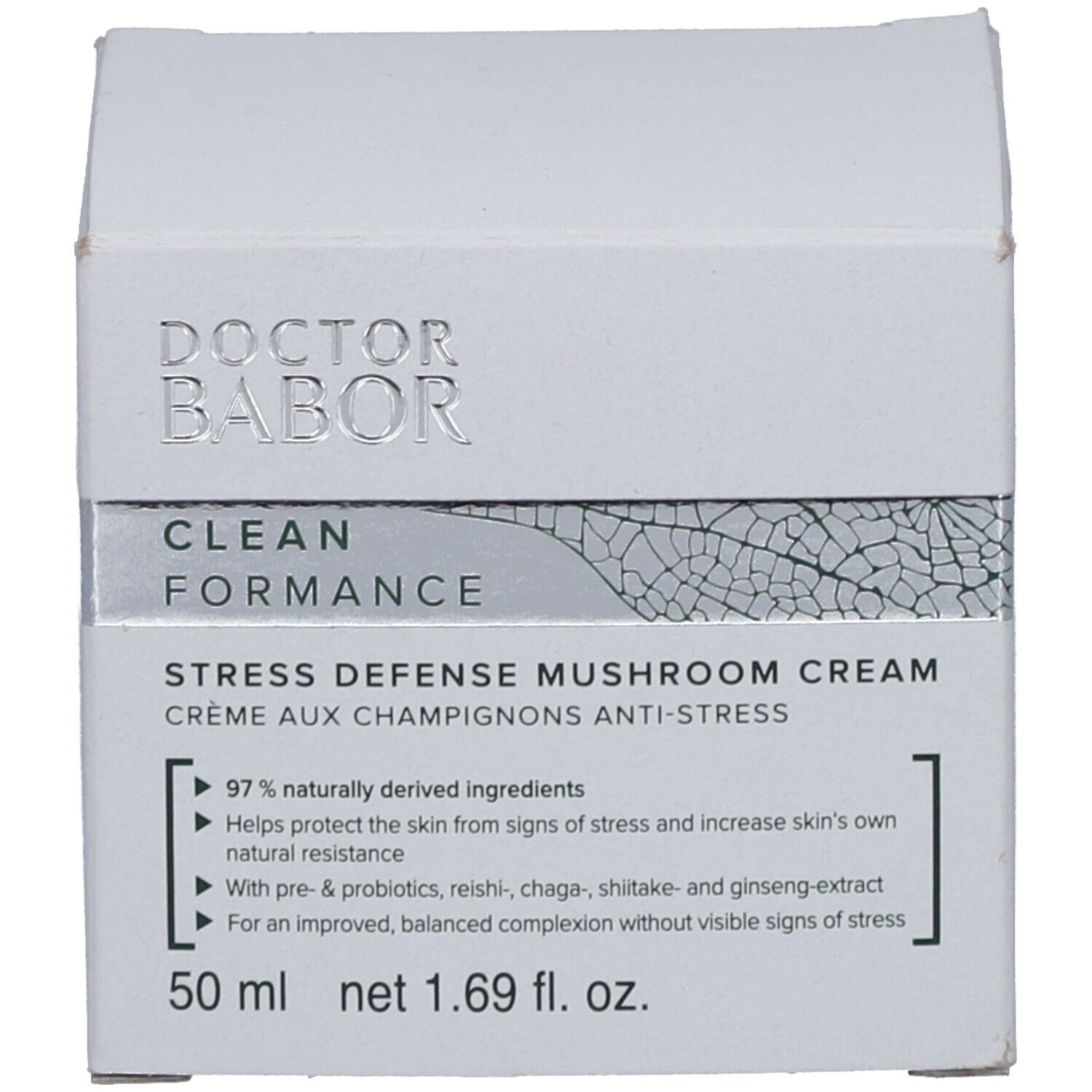 Verpackung. Aufschrift: Doktor Babor, Clean Formance, Stress Defense Mushroom Cream. 50 ml. Inhaltsstoffe.