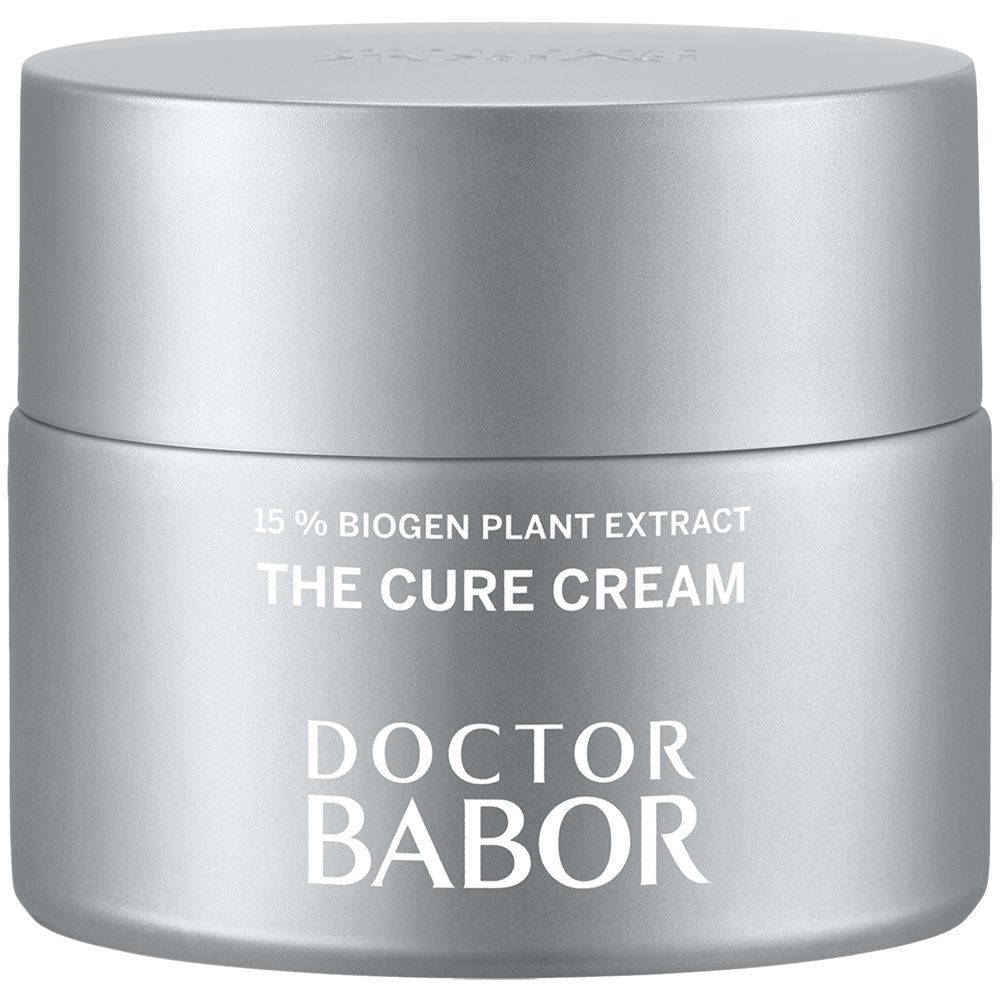 Pot de crème argenté. Inscription: THE CURE CREAM, DOCTOR BABOR. 15% extrait végétal.