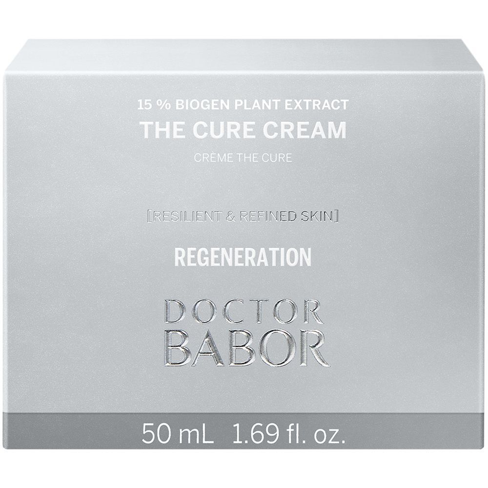 Boîte pliante argentée. Inscription: THE CURE CREAM, DOCTOR BABOR. 50 ml, 1.69 fl. oz.