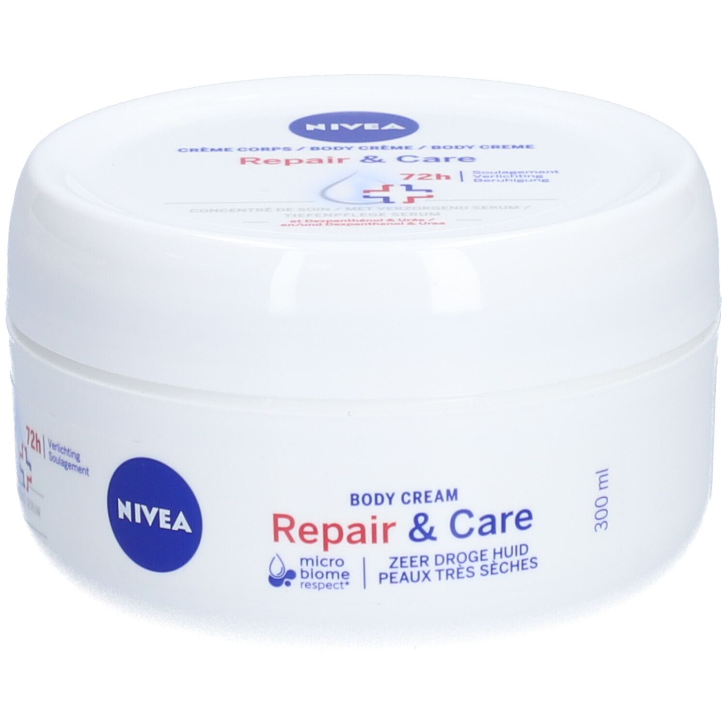 Pot blanc avec couvercle bleu. Inscription: NIVEA Repair & Care Body Crème. Texte en allemand, néerlandais et français.