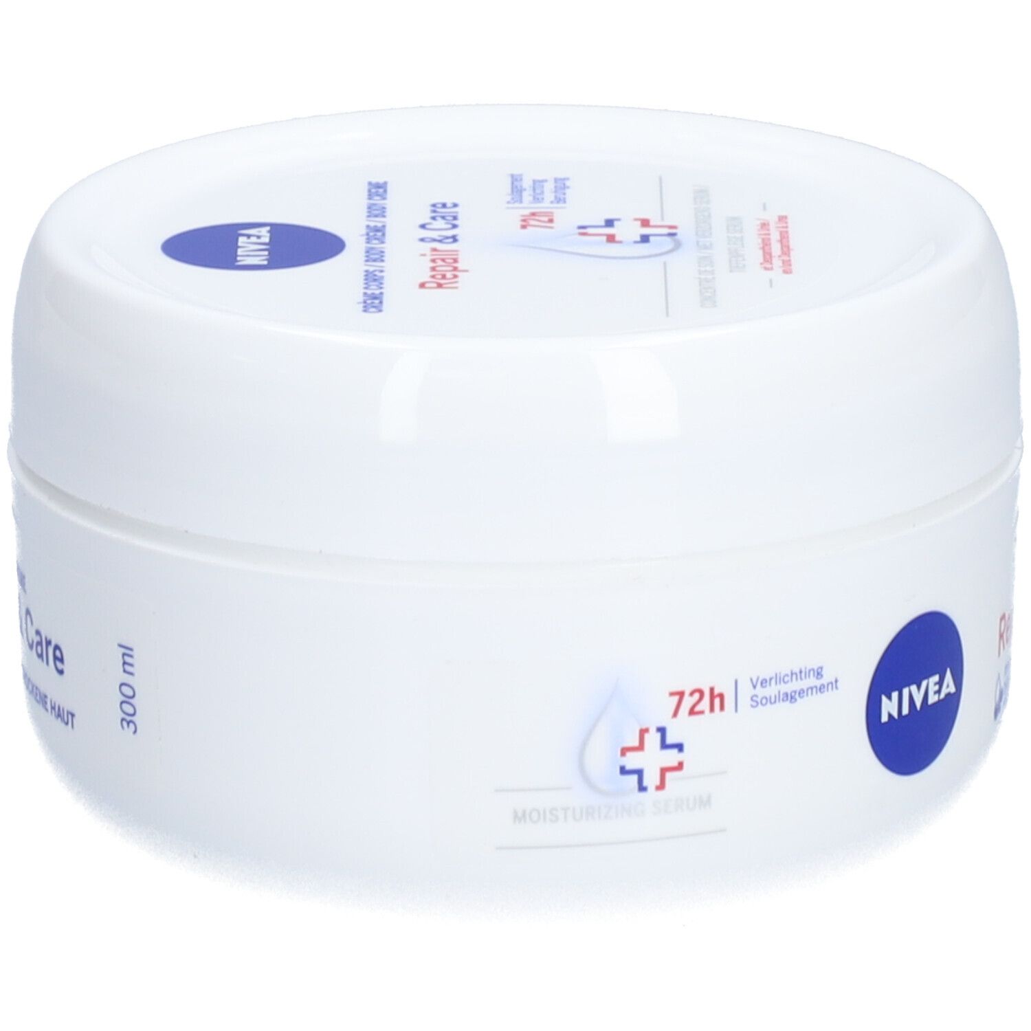 Pot blanc avec couvercle bleu. Inscription: NIVEA Repair & Care Body Crème. Texte en allemand, néerlandais et français.